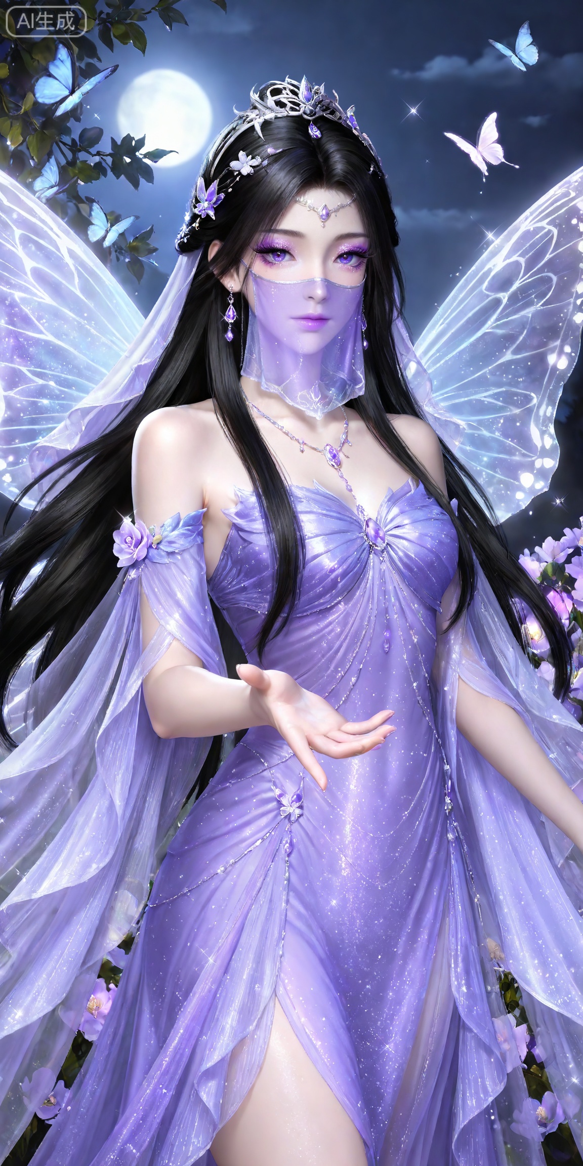masterpiece,high quality,tall,game cg,highres,(soft light:1.2),white_skin,(shiny_skin:0.6),(realistic:1.1),,
ziling,1girl,veil,solo,earrings,jewelry,black hair,purple eyes,hair ornament,long hair,glitter,mouth veil,looking at viewer,closed mouth,makeup,eyeshadow,purple eyeshadow,,mascara,glitter,
lvjing,1girl,dress,long hair,purple dress,hair ornament,butterfly,jewelry,bug,solo,wings,insect wings,veil,earrings,flower,tiara,necklace,night,butterfly wings,sparkle,outstretched hand,bare shoulders,30,
