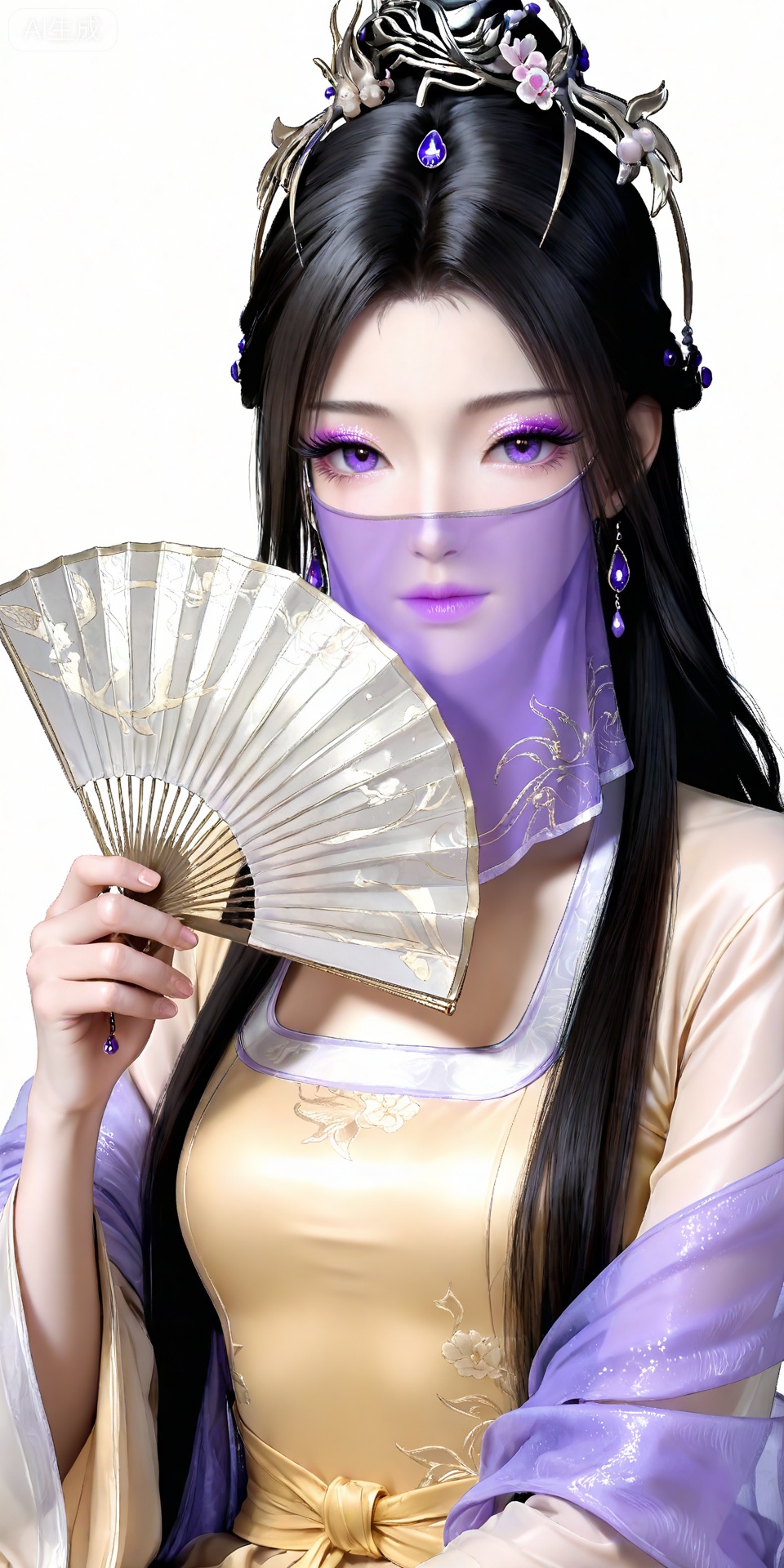 masterpiece,high quality,tall,game cg,highres,(soft light:1.2),white_skin,(shiny_skin:0.6),(realistic:1.1),,ziling,1girl,veil,solo,earrings,jewelry,black hair,white background,purple eyes,hair ornament,long hair,simple background,glitter,mouth veil,looking at viewer,closed mouth,makeup,eyeshadow,purple eyeshadow,
1girl,hand fan,solo,long hair,holding fan,sitting,holding,chinese clothes,shawl,folding fan,looking at viewer,flower,hanfu,dress,pink flower,yellow dress,closed mouth,hair ornament,white background,long sleeves,