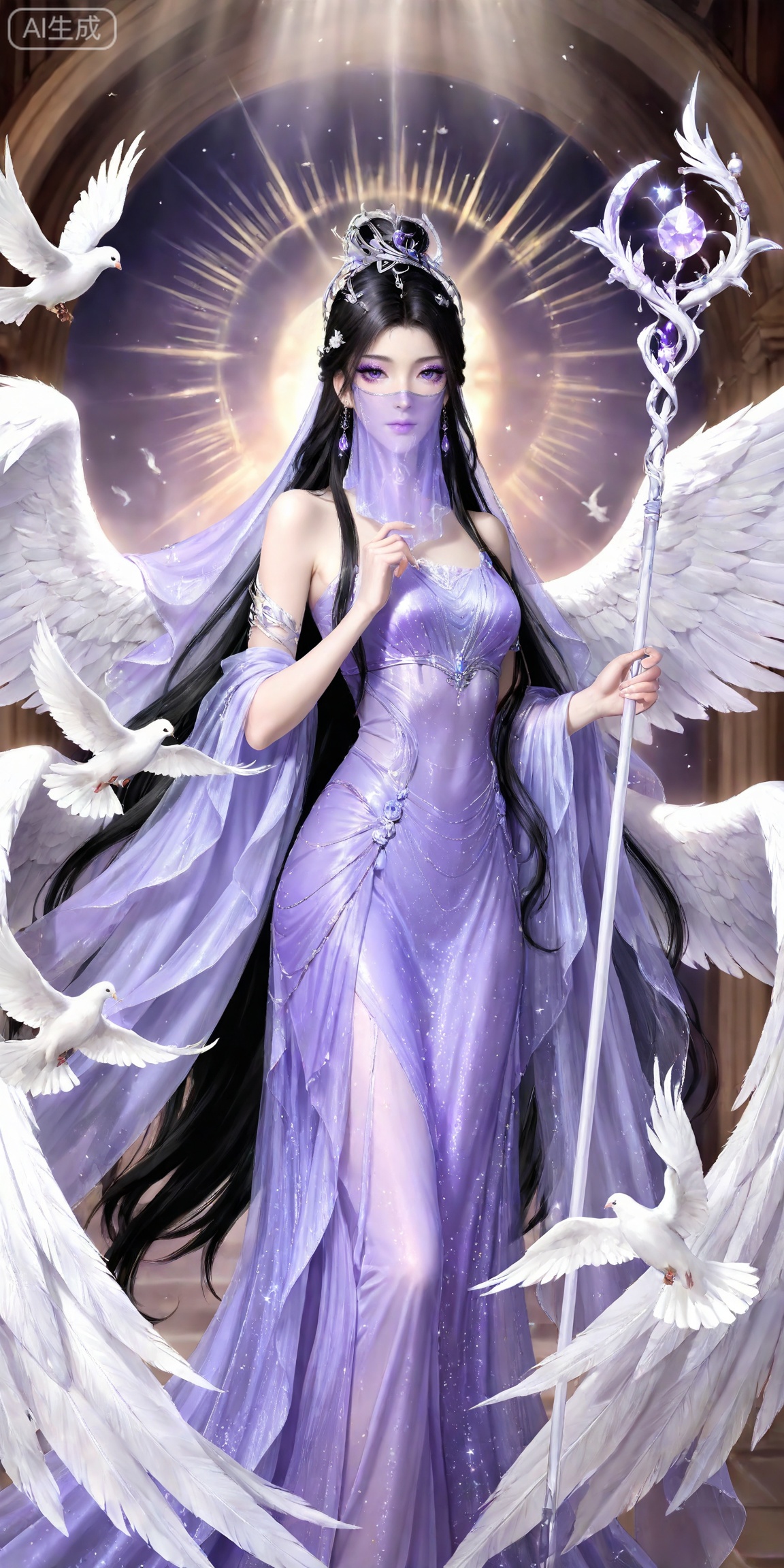 masterpiece,high quality,tall,game cg,highres,(soft light:1.2),white_skin,(shiny_skin:0.6),(realistic:1.1),,
ziling,1girl,veil,solo,earrings,jewelry,black hair,purple eyes,hair ornament,long hair,glitter,mouth veil,looking at viewer,closed mouth,makeup,eyeshadow,purple eyeshadow,,mascara,glitter,
lvjing,1girl,wings,solo,bird,flower,long hair,dress,dove,angel wings,feathered wings,very long hair,holding,white wings,purple dress,rose,staff,multiple wings,animal,4,