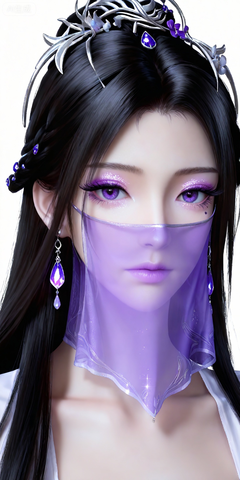 masterpiece,high quality,tall,game cg,highres,(soft light:1.2),white_skin,(shiny_skin:0.6),(realistic:1.1),,ziling,1girl,veil,solo,earrings,jewelry,black hair,white background,purple eyes,hair ornament,long hair,simple background,glitter,mouth veil,looking at viewer,closed mouth,makeup,eyeshadow,purple eyeshadow,
1girl,solo,jewelry,dress,earrings,white dress,flower,looking at viewer,necklace,purple flower,ribbon,collarbone,sunlight,