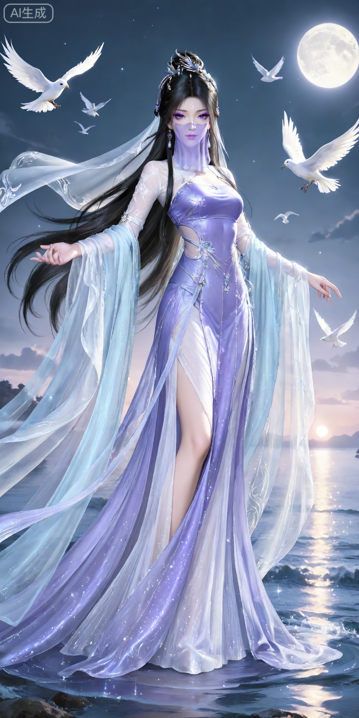 masterpiece,high quality,tall,game cg,highres,(soft light:1.2),white_skin,(shiny_skin:0.6),(realistic:1.1),,
ziling,1girl,veil,solo,earrings,jewelry,black hair,purple eyes,hair ornament,long hair,glitter,mouth veil,looking at viewer,closed mouth,makeup,eyeshadow,purple eyeshadow,,mascara,glitter,
lvjing,1girl,dress,black hair,moon,long hair,hair ornament,bird,water,jewelry,solo,chinese clothes,full body,hair bun,night,forehead mark,sky,earrings,60,