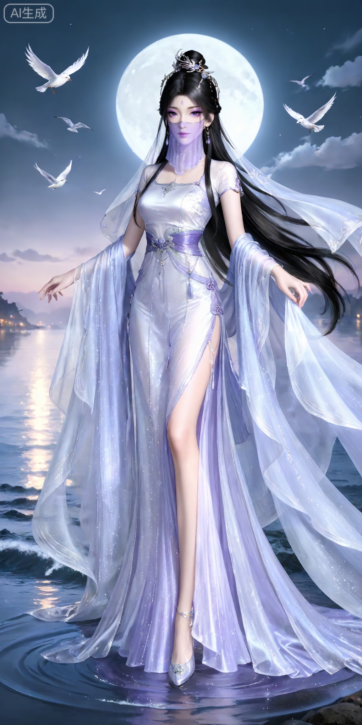 masterpiece,high quality,tall,game cg,highres,(soft light:1.2),white_skin,(shiny_skin:0.6),(realistic:1.1),,
ziling,1girl,veil,solo,earrings,jewelry,black hair,purple eyes,hair ornament,long hair,glitter,mouth veil,looking at viewer,closed mouth,makeup,eyeshadow,purple eyeshadow,,mascara,glitter,
lvjing,1girl,dress,black hair,moon,long hair,hair ornament,bird,water,jewelry,solo,chinese clothes,full body,hair bun,night,forehead mark,sky,earrings,60,