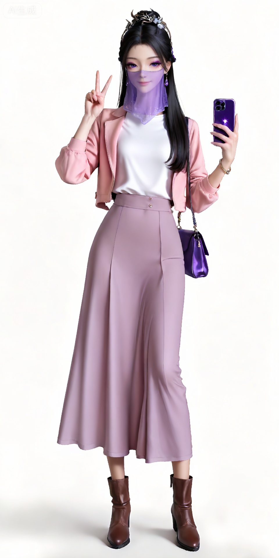 masterpiece,high quality,tall,game cg,highres,(soft light:1.2),white_skin,(shiny_skin:0.6),(realistic:1.1),,ziling,1girl,veil,solo,earrings,jewelry,black hair,white background,purple eyes,hair ornament,long hair,simple background,glitter,mouth veil,looking at viewer,closed mouth,makeup,eyeshadow,purple eyeshadow,
huoxiuxiu,1girl,solo,phone,holding phone,cellphone,v,jewelry,skirt,bracelet,full body,holding,boots,jacket,smile,smartphone,brown footwear,pink jacket,simple background,selfie,shirt,standing,long skirt,bag,white shirt,