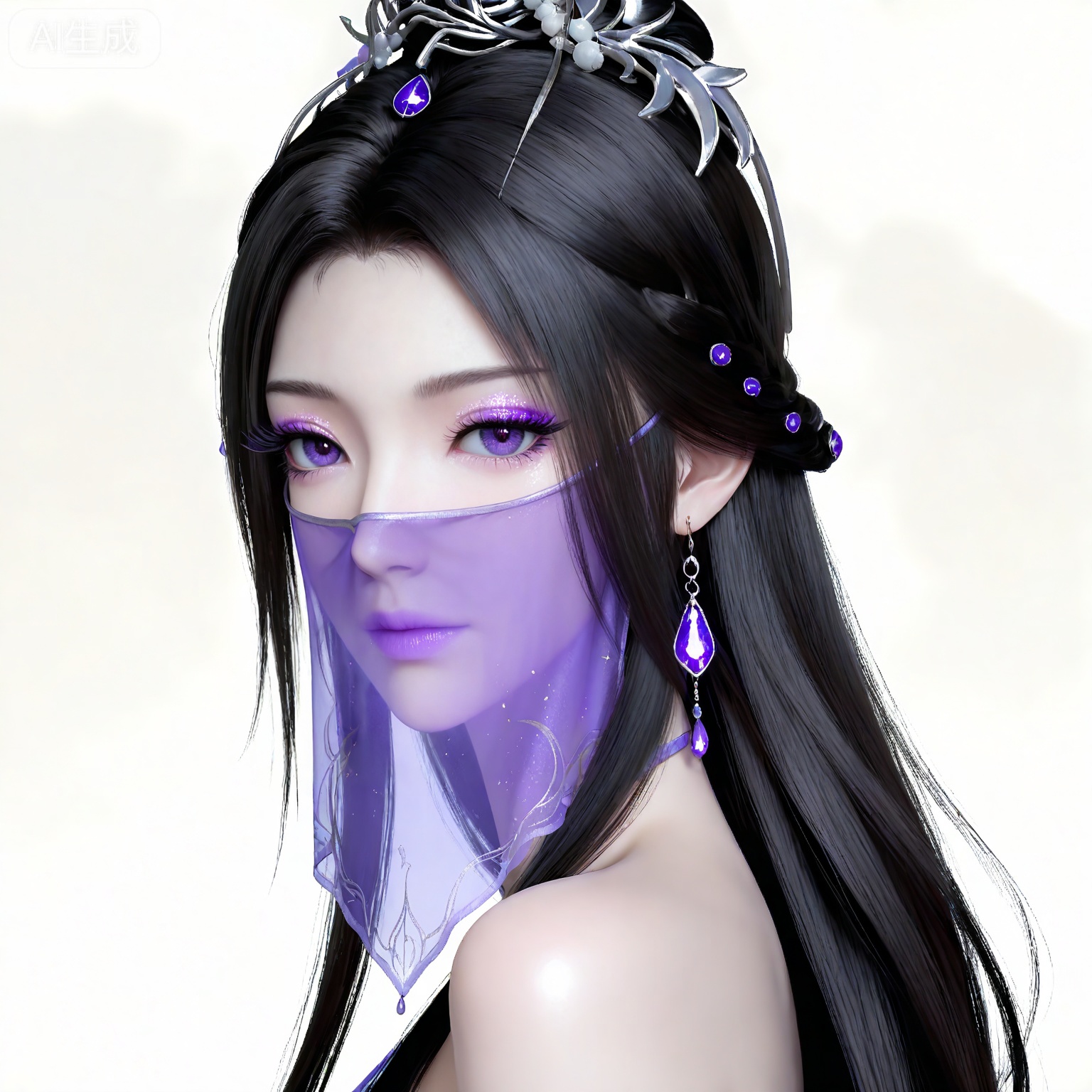 masterpiece,high quality,tall,game cg,highres,(soft light:1.2),white_skin,(shiny_skin:0.6),(realistic:1.1),,ziling,1girl,veil,solo,earrings,jewelry,black hair,white background,purple eyes,hair ornament,long hair,simple background,glitter,mouth veil,looking at viewer,closed mouth,makeup,eyeshadow,purple eyeshadow,(upper_body:1.1),bare shoulders,