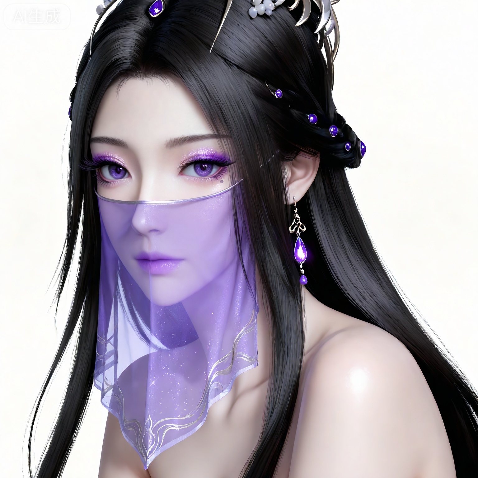 masterpiece,high quality,tall,game cg,highres,(soft light:1.2),white_skin,(shiny_skin:0.6),(realistic:1.1),,ziling,1girl,veil,solo,earrings,jewelry,black hair,white background,purple eyes,hair ornament,long hair,simple background,glitter,mouth veil,looking at viewer,closed mouth,makeup,eyeshadow,purple eyeshadow,(upper_body:1.1),bare shoulders,