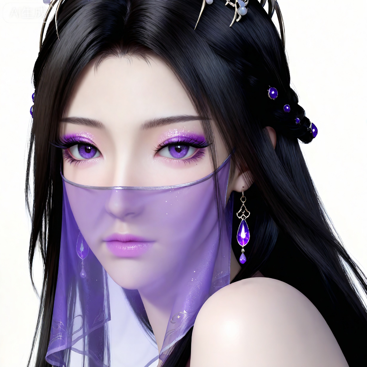 masterpiece,high quality,tall,game cg,highres,(soft light:1.2),white_skin,(shiny_skin:0.6),(realistic:1.1),,ziling,1girl,veil,solo,earrings,jewelry,black hair,white background,purple eyes,hair ornament,long hair,simple background,glitter,mouth veil,looking at viewer,closed mouth,makeup,eyeshadow,purple eyeshadow,(upper_body:1.1),bare shoulders,