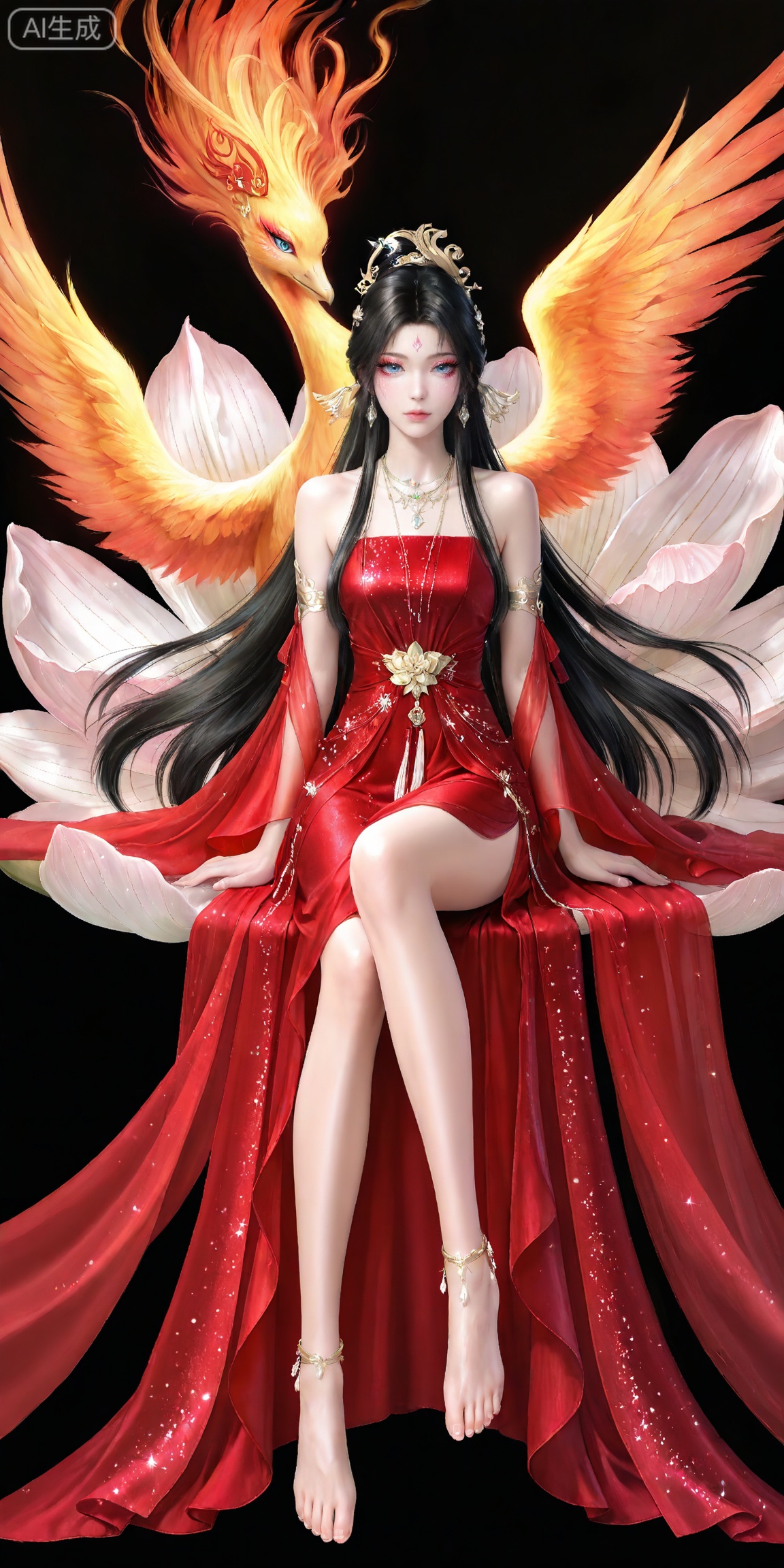 masterpiece,high quality,tall,game cg,highres,(soft light:1.2),white_skin,(shiny_skin:0.6),(realistic:1.1),,songyu,1girl,solo,blue eyes,black hair,long hair,black background,looking at viewer,makeup,eyelashes,realistic,eyeshadow,,hair ornament,lips,closed mouth,mascara,glitter,eye glitter,
lvjing, 1girl, phoenix, dress, long hair, red dress, barefoot, hair ornament, flower,  jewelry, forehead mark, full body, anklet, facial mark, bare legs, sitting, necklace, solo, lotus, bare shoulders, 3

