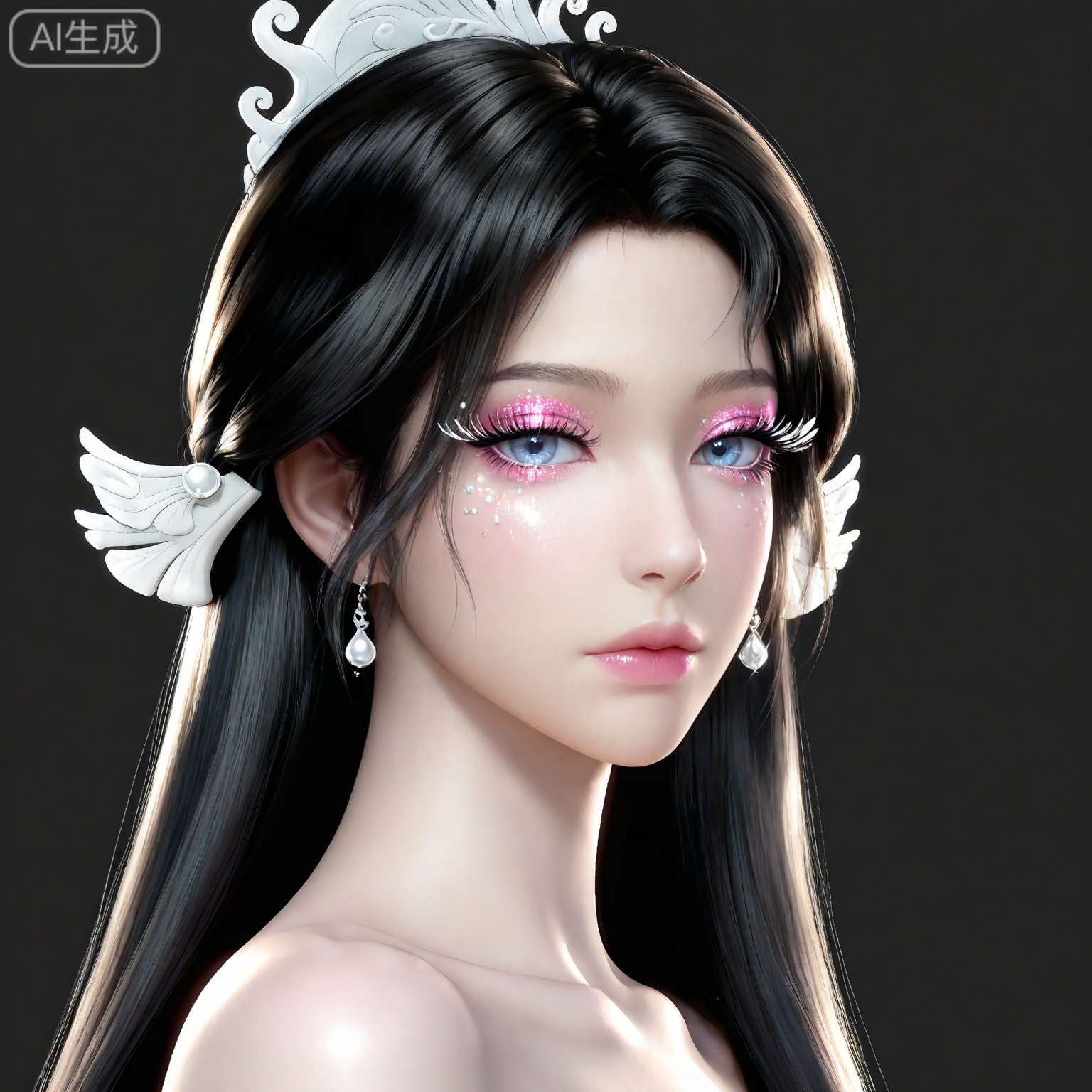 masterpiece,high quality,tall,game cg,highres,(soft light:1.2),white_skin,(shiny_skin:0.6),(realistic:1.1),,songyu,1girl,solo,blue eyes,black hair,long hair,black background,looking at viewer,makeup,eyelashes,realistic,eyeshadow,simple background,hair ornament,lips,closed mouth,mascara,upper_body,glitter,eye glitter,


