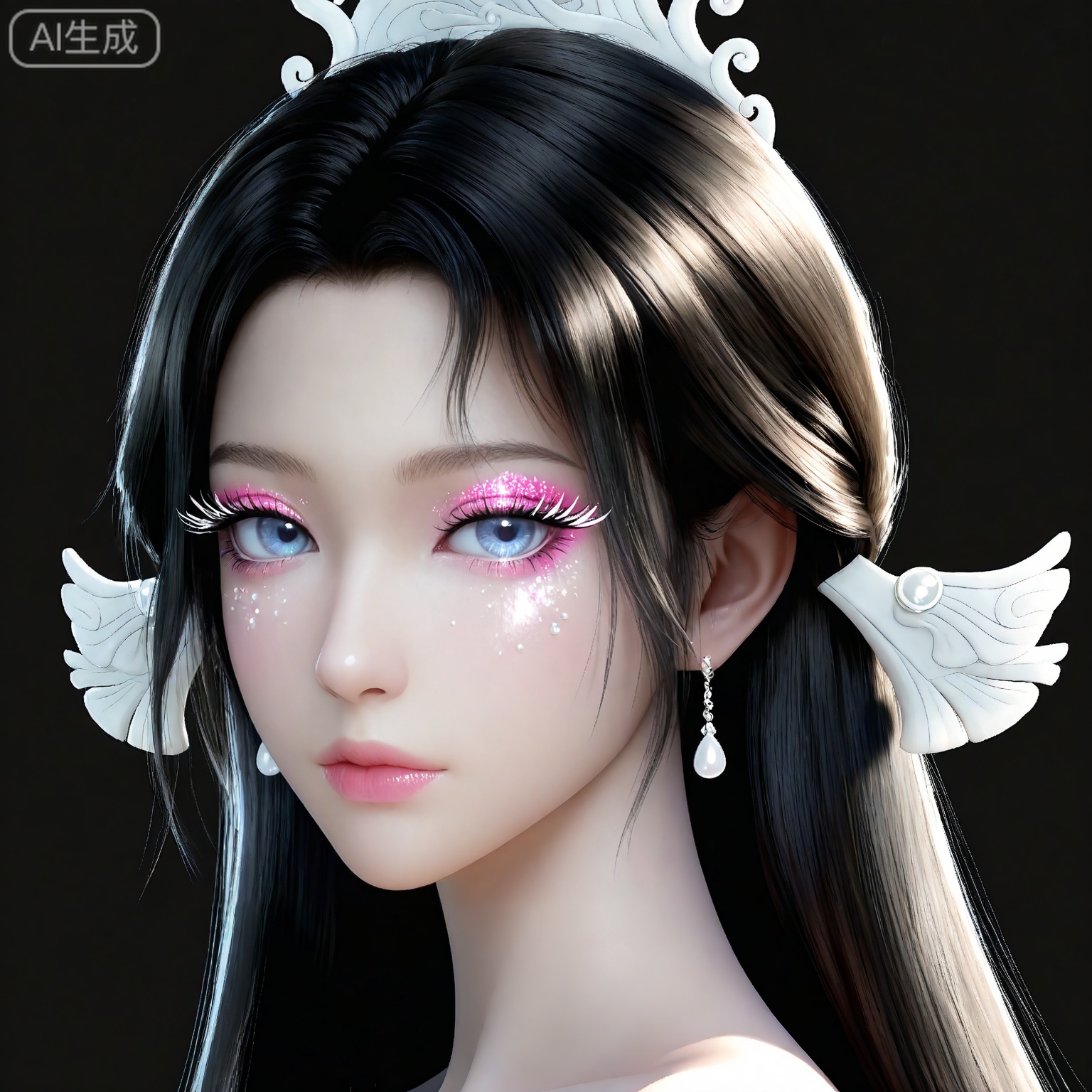 masterpiece,high quality,tall,game cg,highres,(soft light:1.2),white_skin,(shiny_skin:0.6),(realistic:1.1),,songyu,1girl,solo,blue eyes,black hair,long hair,black background,looking at viewer,makeup,eyelashes,realistic,eyeshadow,simple background,hair ornament,lips,closed mouth,mascara,upper_body,glitter,eye glitter,


