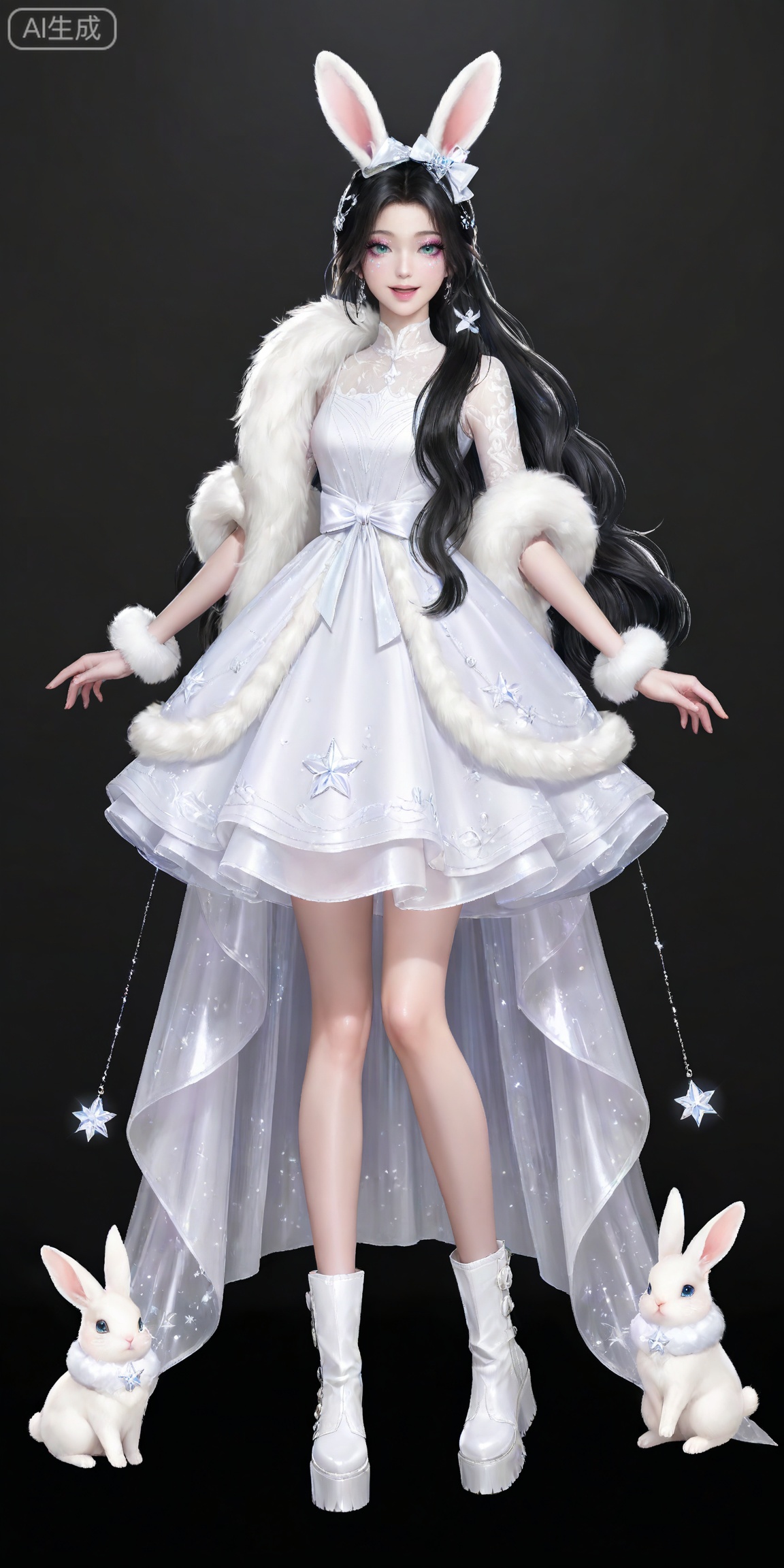 masterpiece,high quality,tall,game cg,highres,(soft light:1.2),white_skin,(shiny_skin:0.6),(realistic:1.1),,songyu,1girl,solo,blue eyes,black hair,long hair,black background,looking at viewer,makeup,eyelashes,realistic,eyeshadow,,hair ornament,lips,closed mouth,mascara,glitter,eye glitter,
lvjing, 1girl, dress, long hair, white dress, solo, white footwear,  bow, full body, looking at viewer, star \(symbol\), open mouth, hair ornament, platform footwear, boots, rabbit, animal ears, smile, very long hair, fur trim, jewelry, green eyes, standing, hair bow, 38