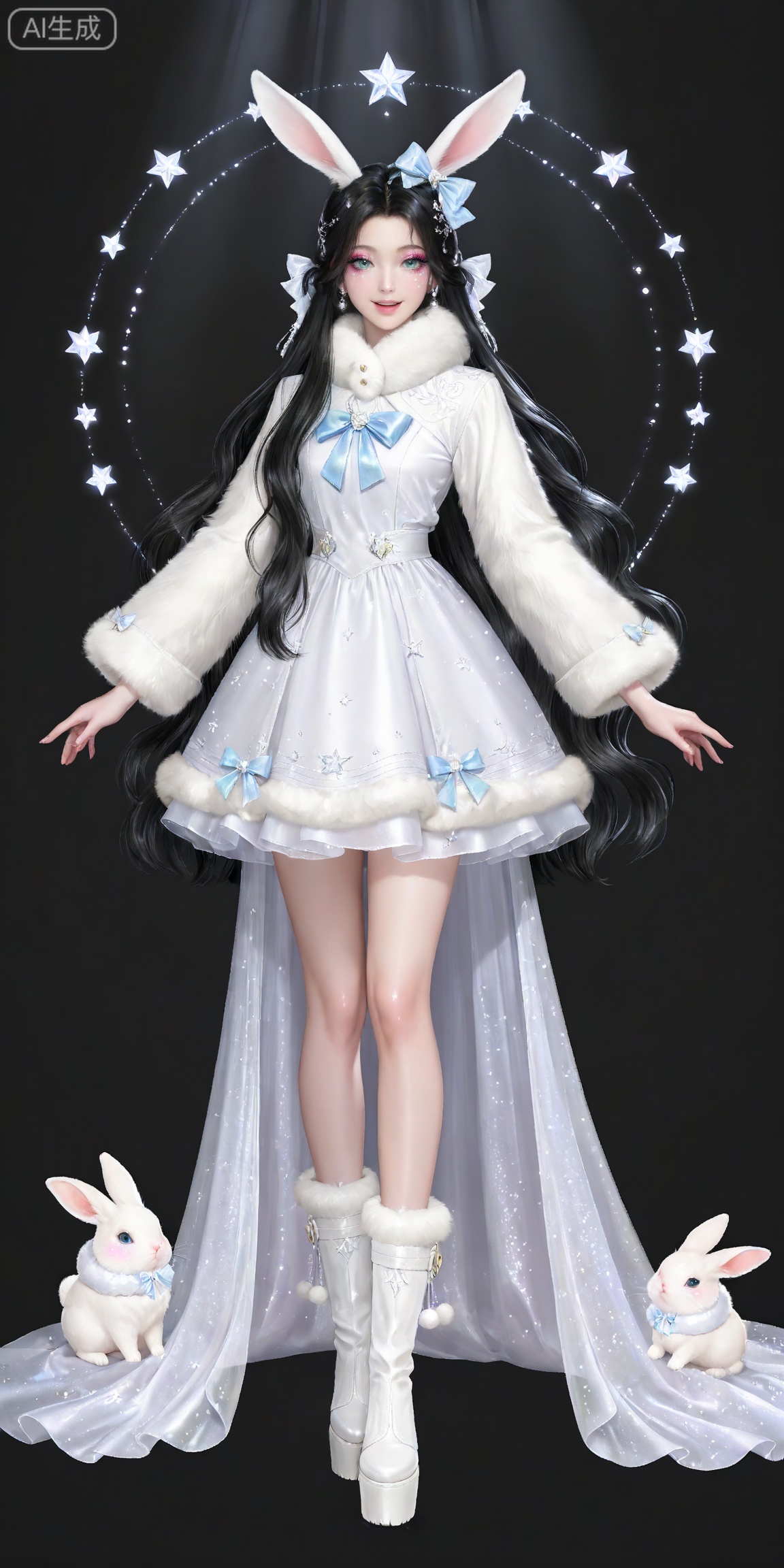 masterpiece,high quality,tall,game cg,highres,(soft light:1.2),white_skin,(shiny_skin:0.6),(realistic:1.1),,songyu,1girl,solo,blue eyes,black hair,long hair,black background,looking at viewer,makeup,eyelashes,realistic,eyeshadow,,hair ornament,lips,closed mouth,mascara,glitter,eye glitter,
lvjing, 1girl, dress, long hair, white dress, solo, white footwear,  bow, full body, looking at viewer, star \(symbol\), open mouth, hair ornament, platform footwear, boots, rabbit, animal ears, smile, very long hair, fur trim, jewelry, green eyes, standing, hair bow, 38