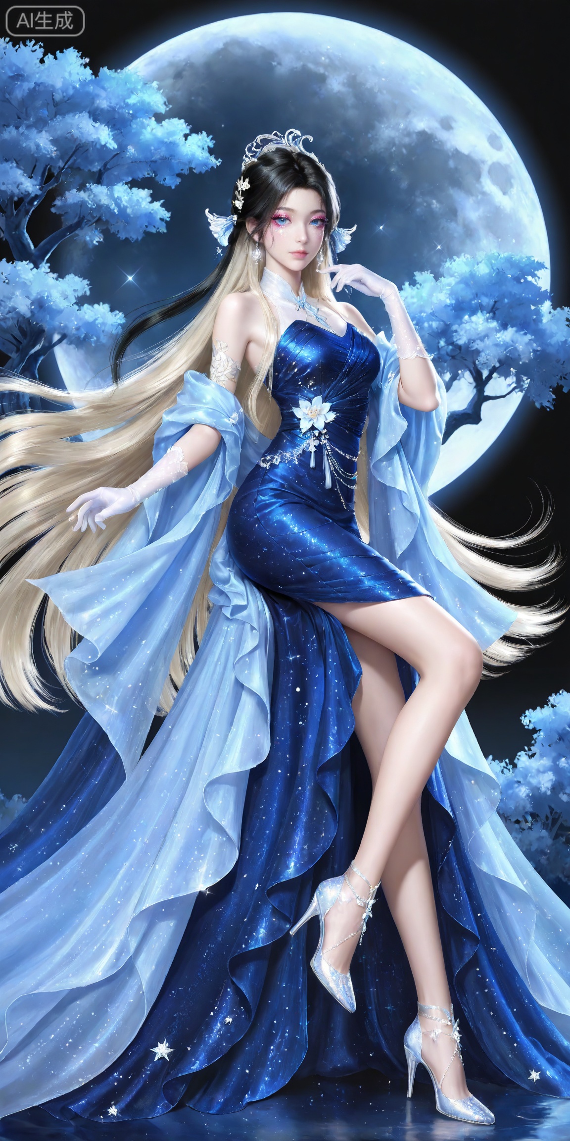 masterpiece,high quality,tall,game cg,highres,(soft light:1.2),white_skin,(shiny_skin:0.6),(realistic:1.1),,songyu,1girl,solo,blue eyes,black hair,long hair,black background,looking at viewer,makeup,eyelashes,realistic,eyeshadow,,hair ornament,lips,closed mouth,mascara,glitter,eye glitter,
lvjing, 1girl, long hair, dress, blonde hair, blue dress, solo, tree, blue theme, moon, star \(symbol\), flower, night, very long hair, high heels, gloves, 27