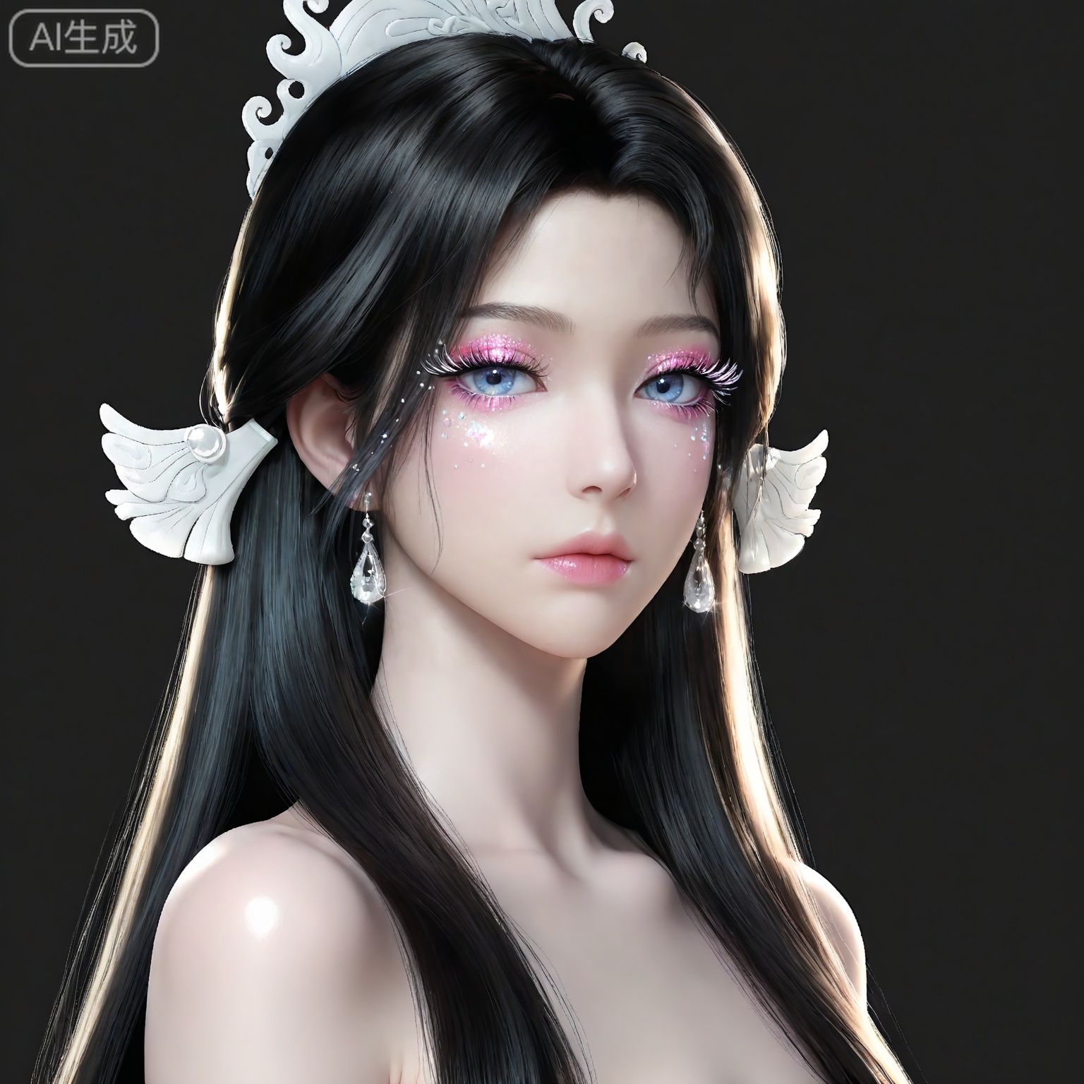 masterpiece,high quality,tall,game cg,highres,(soft light:1.2),white_skin,(shiny_skin:0.6),(realistic:1.1),,songyu,1girl,solo,blue eyes,black hair,long hair,black background,looking at viewer,makeup,eyelashes,realistic,eyeshadow,simple background,hair ornament,lips,closed mouth,mascara,upper_body,glitter,eye glitter,


