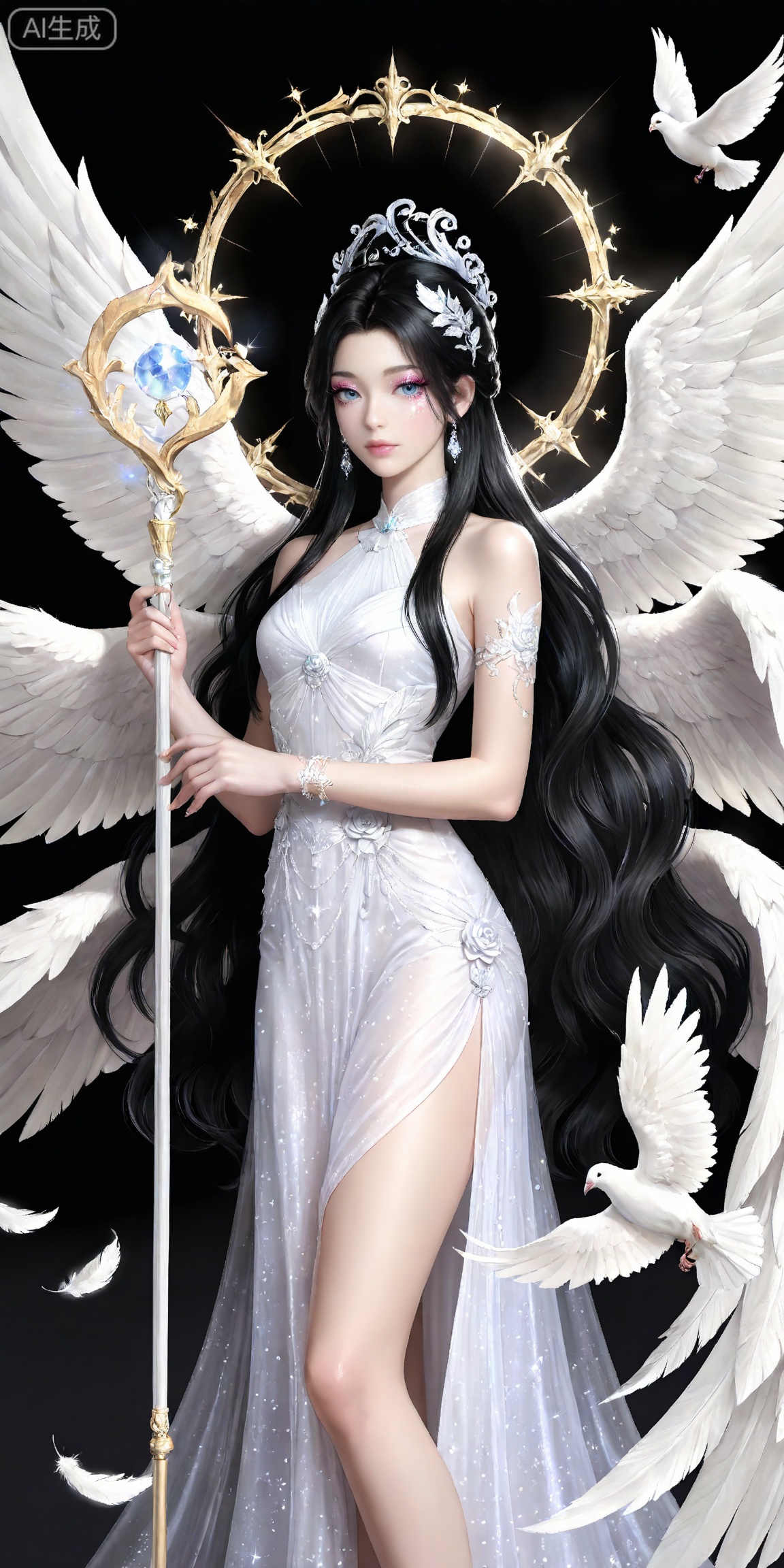 masterpiece,high quality,tall,game cg,highres,(soft light:1.2),white_skin,(shiny_skin:0.6),(realistic:1.1),,songyu,1girl,solo,blue eyes,black hair,long hair,black background,looking at viewer,makeup,eyelashes,realistic,eyeshadow,,hair ornament,lips,closed mouth,mascara,glitter,eye glitter,
lvjing, wings, bird, flower, long hair, dress,  dove, angel wings, feathered wings, very long hair, holding, white wings, white dress, rose, staff, multiple wings, animal, chibi,black hair, 4,1girl,solo,
