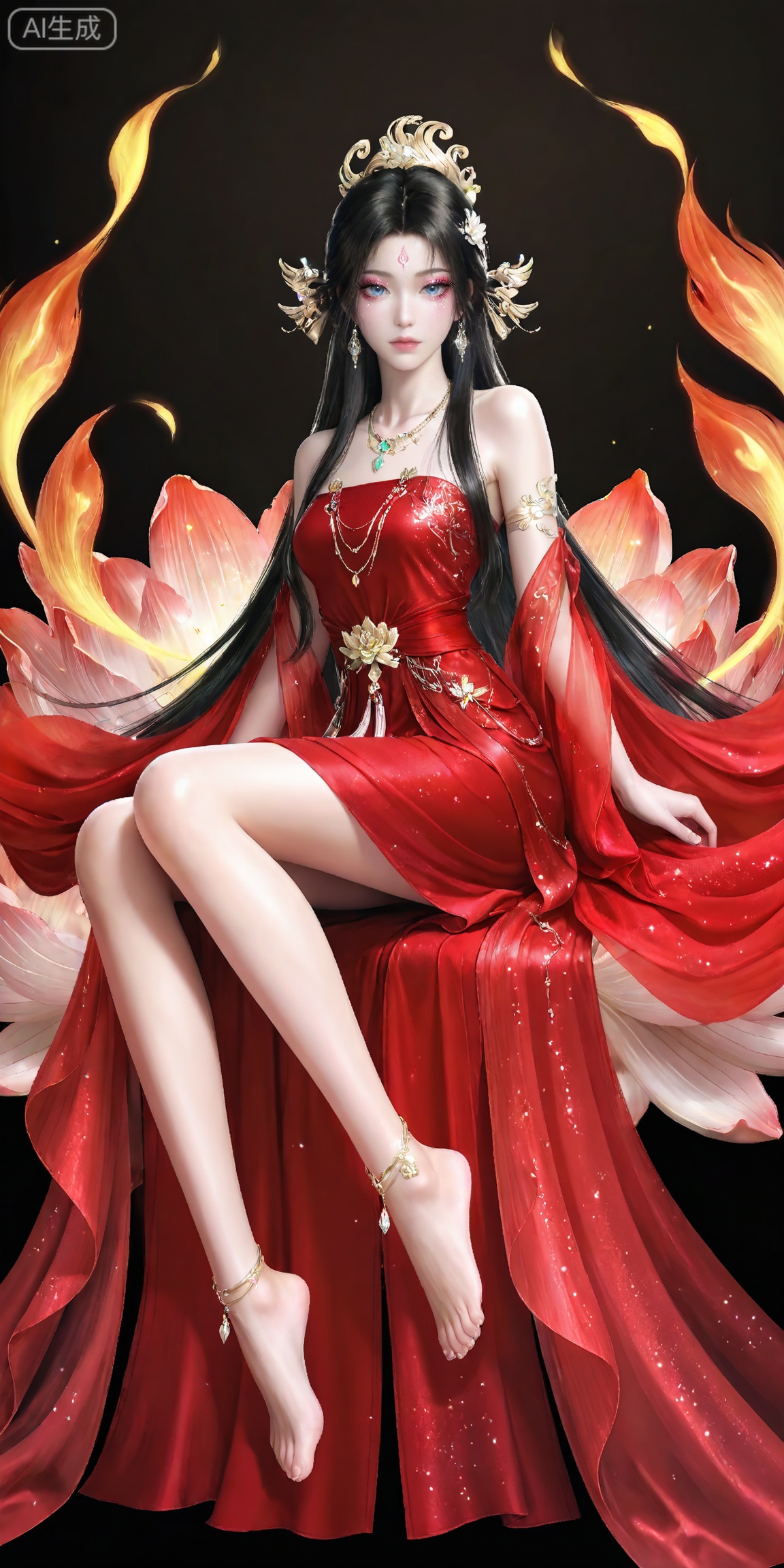 masterpiece,high quality,tall,game cg,highres,(soft light:1.2),white_skin,(shiny_skin:0.6),(realistic:1.1),,songyu,1girl,solo,blue eyes,black hair,long hair,black background,looking at viewer,makeup,eyelashes,realistic,eyeshadow,,hair ornament,lips,closed mouth,mascara,glitter,eye glitter,
lvjing, 1girl, phoenix, dress, long hair, red dress, barefoot, hair ornament, flower,  jewelry, forehead mark, full body, anklet, facial mark, bare legs, sitting, necklace, solo, lotus, bare shoulders, 3

