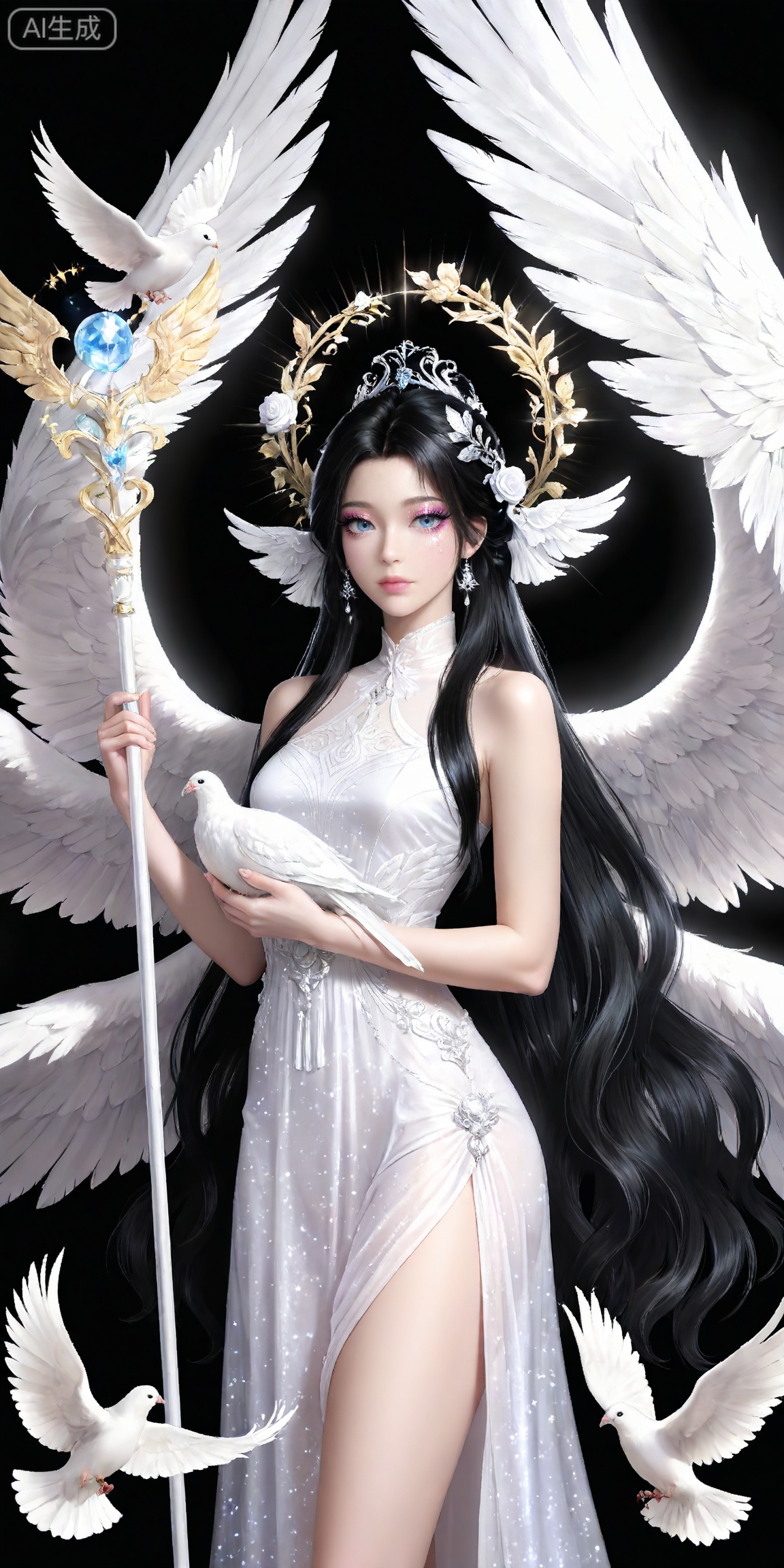 masterpiece,high quality,tall,game cg,highres,(soft light:1.2),white_skin,(shiny_skin:0.6),(realistic:1.1),,songyu,1girl,solo,blue eyes,black hair,long hair,black background,looking at viewer,makeup,eyelashes,realistic,eyeshadow,,hair ornament,lips,closed mouth,mascara,glitter,eye glitter,
lvjing, wings, bird, flower, long hair, dress,  dove, angel wings, feathered wings, very long hair, holding, white wings, white dress, rose, staff, multiple wings, animal, chibi,black hair, 4,1girl,solo,
