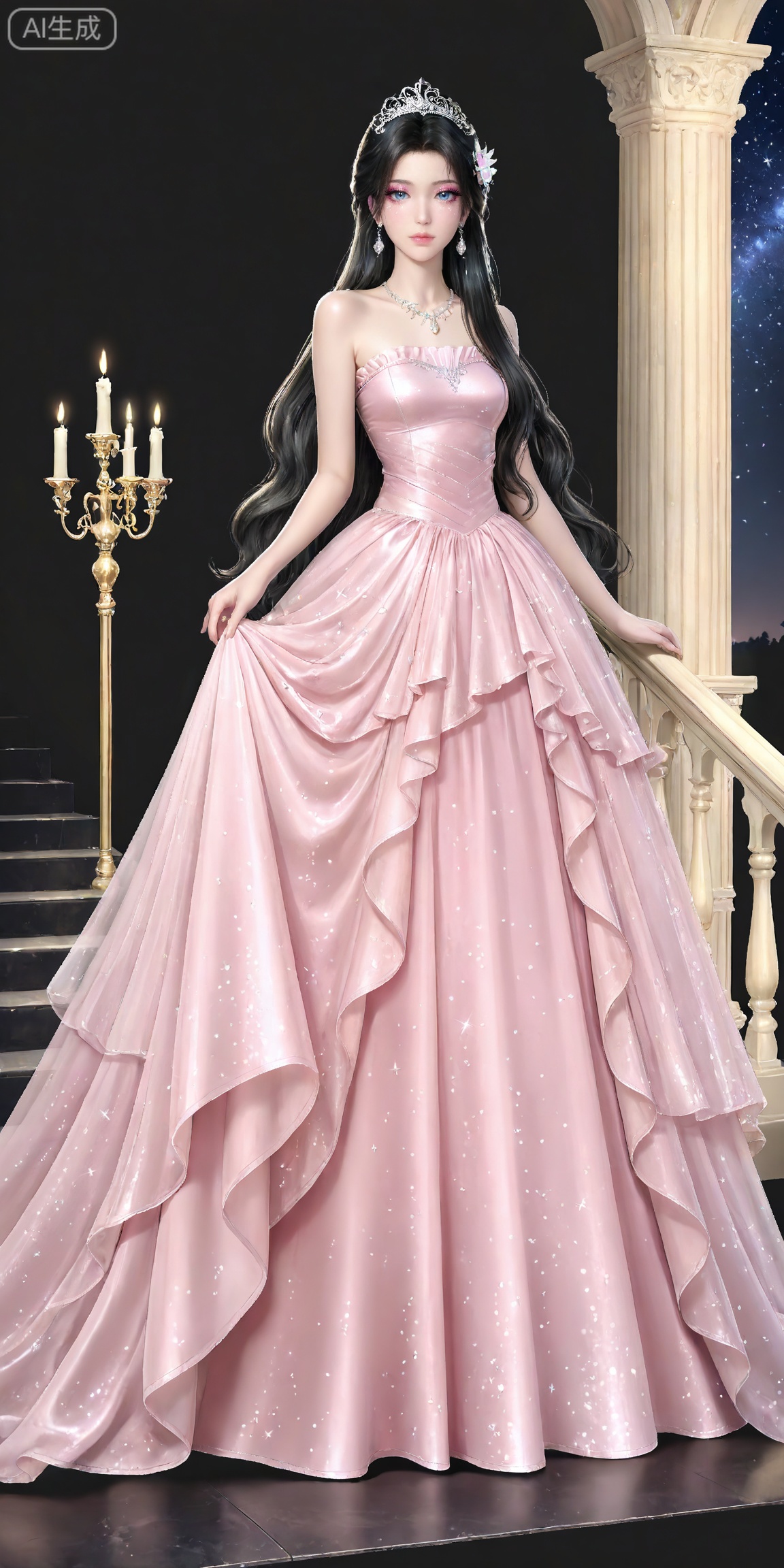 masterpiece,high quality,tall,game cg,highres,(soft light:1.2),white_skin,(shiny_skin:0.6),(realistic:1.1),,songyu,1girl,solo,blue eyes,black hair,long hair,black background,looking at viewer,makeup,eyelashes,realistic,eyeshadow,,hair ornament,lips,closed mouth,mascara,glitter,eye glitter,
lvjing, 1girl, dress, stairs, solo, long hair, black hair, candle, jewelry, pink dress, hair ornament, earrings, star \(sky\), flower, full body, bare shoulders, tiara, gown, looking at viewer, candlestand, strapless, beads, necklace, starry sky, long dress, skirt hold, frills, night, breasts, strapless dress, sparkle, 37