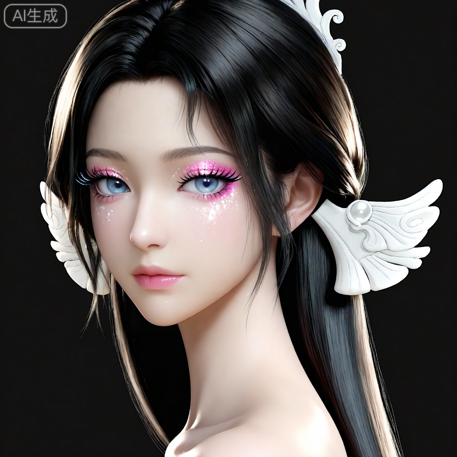 masterpiece,high quality,tall,game cg,highres,(soft light:1.2),white_skin,(shiny_skin:0.6),(realistic:1.1),,songyu,1girl,solo,blue eyes,black hair,long hair,black background,looking at viewer,makeup,eyelashes,realistic,eyeshadow,simple background,hair ornament,lips,closed mouth,mascara,upper_body,glitter,eye glitter,


