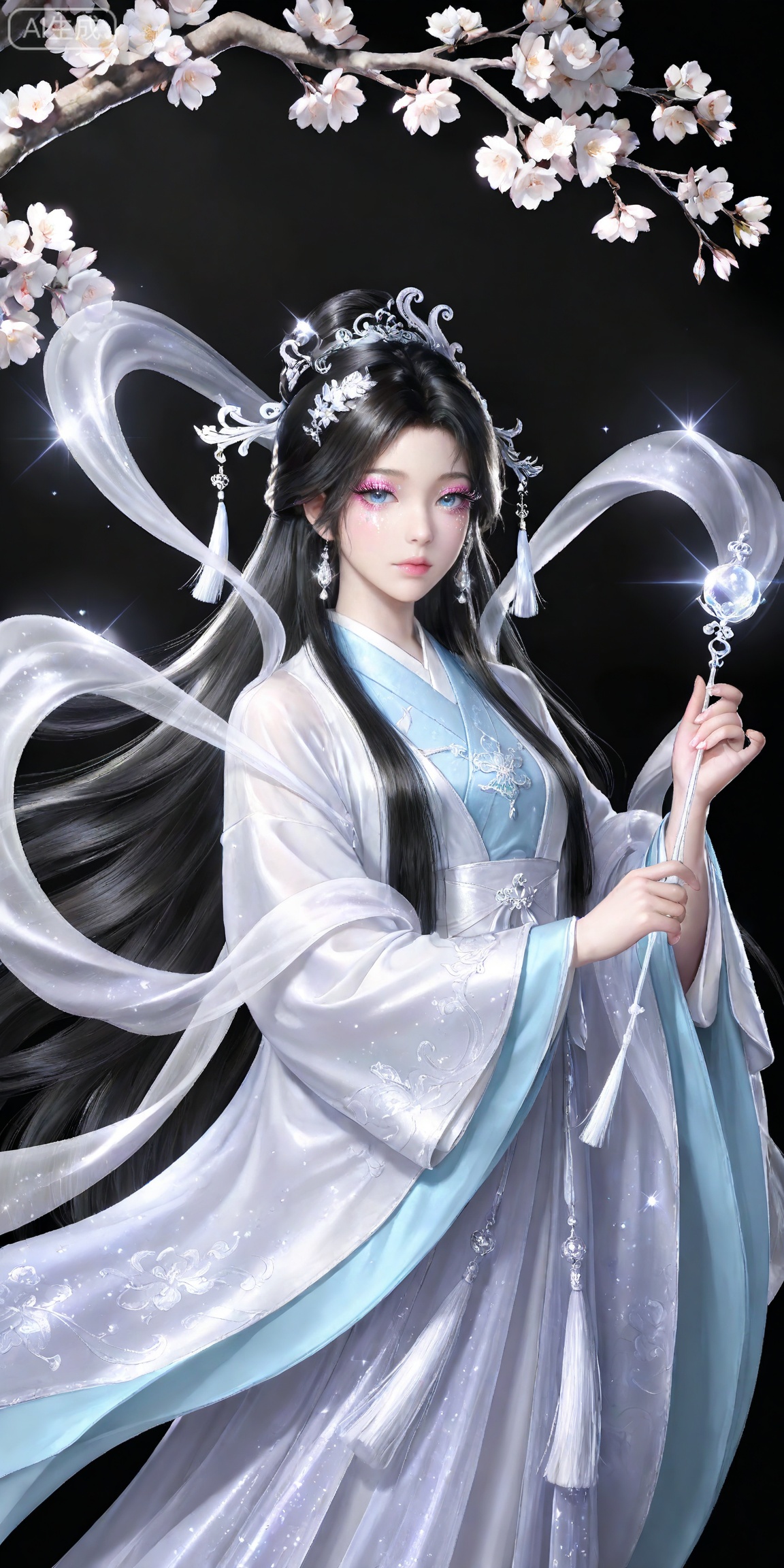 masterpiece,high quality,tall,game cg,highres,(soft light:1.2),white_skin,(shiny_skin:0.6),(realistic:1.1),,songyu,1girl,solo,blue eyes,black hair,long hair,black background,looking at viewer,makeup,eyelashes,realistic,eyeshadow,,hair ornament,lips,closed mouth,mascara,glitter,eye glitter,
lvjing, 1girl, long hair, hair ornament, very long hair, flower, wide sleeves, japanese clothes, sparkle,  long sleeves,  hagoromo, chinese clothes, holding, solo, tassel, branch, shawl, 9