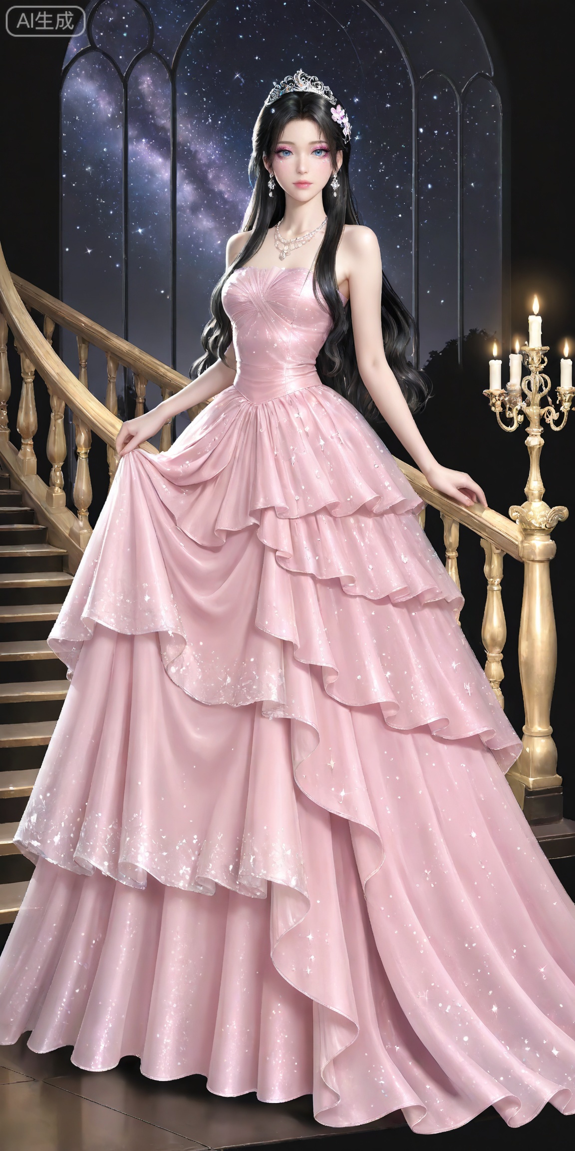 masterpiece,high quality,tall,game cg,highres,(soft light:1.2),white_skin,(shiny_skin:0.6),(realistic:1.1),,songyu,1girl,solo,blue eyes,black hair,long hair,black background,looking at viewer,makeup,eyelashes,realistic,eyeshadow,,hair ornament,lips,closed mouth,mascara,glitter,eye glitter,
lvjing, 1girl, dress, stairs, solo, long hair, black hair, candle, jewelry, pink dress, hair ornament, earrings, star \(sky\), flower, full body, bare shoulders, tiara, gown, looking at viewer, candlestand, strapless, beads, necklace, starry sky, long dress, skirt hold, frills, night, breasts, strapless dress, sparkle, 37