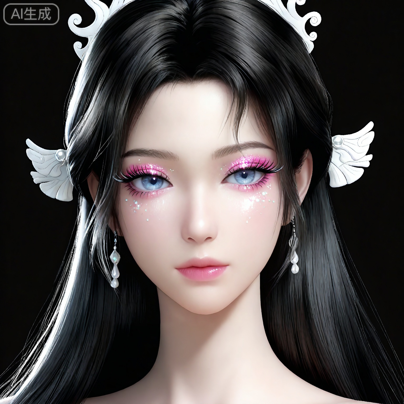 masterpiece,high quality,tall,game cg,highres,(soft light:1.2),white_skin,(shiny_skin:0.6),(realistic:1.1),,songyu,1girl,solo,blue eyes,black hair,long hair,black background,looking at viewer,makeup,eyelashes,realistic,eyeshadow,simple background,hair ornament,lips,closed mouth,mascara,upper_body,glitter,eye glitter,


