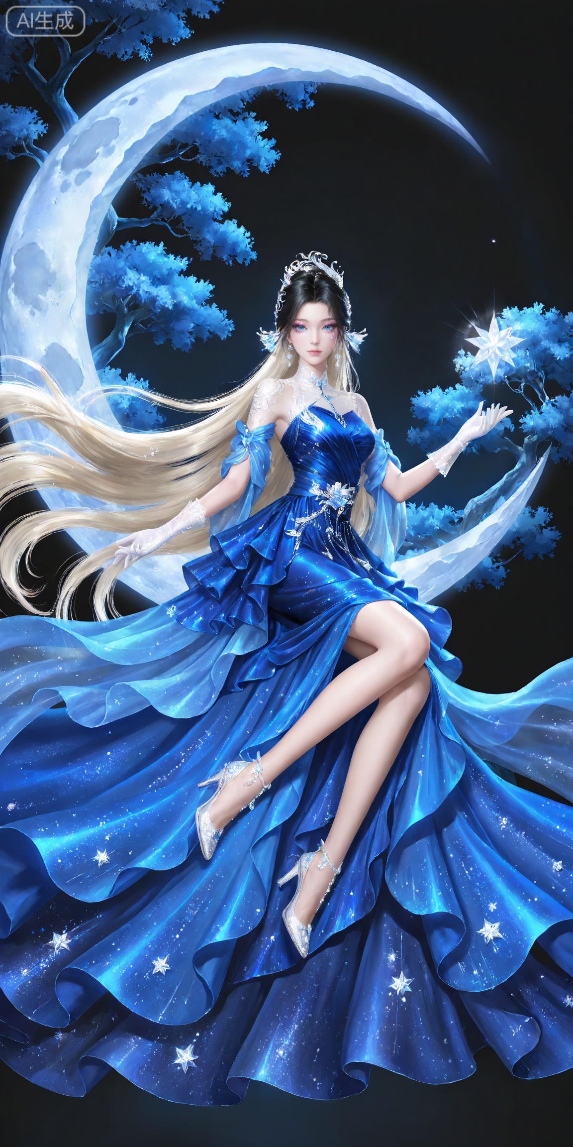 masterpiece,high quality,tall,game cg,highres,(soft light:1.2),white_skin,(shiny_skin:0.6),(realistic:1.1),,songyu,1girl,solo,blue eyes,black hair,long hair,black background,looking at viewer,makeup,eyelashes,realistic,eyeshadow,,hair ornament,lips,closed mouth,mascara,glitter,eye glitter,
lvjing, 1girl, long hair, dress, blonde hair, blue dress, solo, tree, blue theme, moon, star \(symbol\), flower, night, very long hair, high heels, gloves, 27