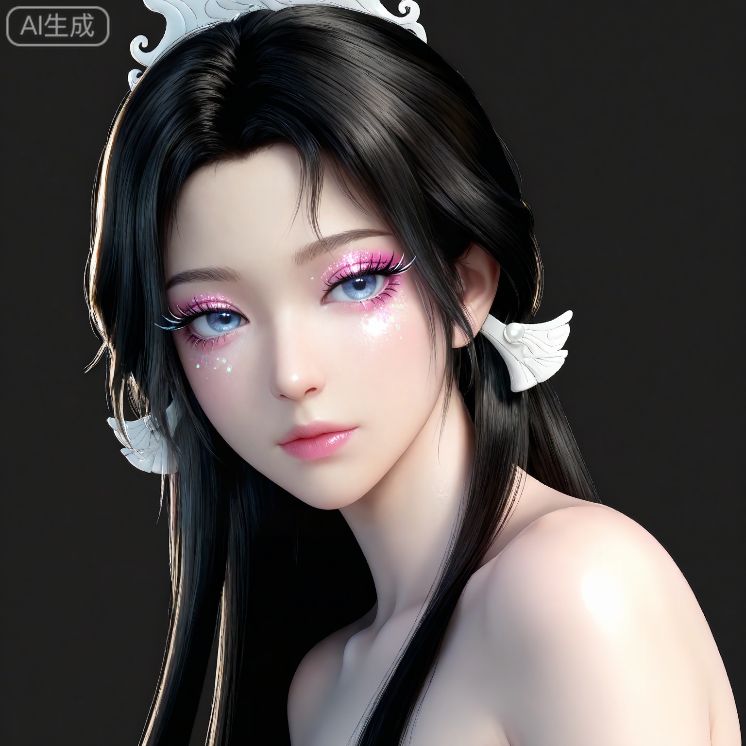 masterpiece,high quality,tall,game cg,highres,(soft light:1.2),white_skin,(shiny_skin:0.6),(realistic:1.1),,songyu,1girl,solo,blue eyes,black hair,long hair,black background,looking at viewer,makeup,eyelashes,realistic,eyeshadow,simple background,hair ornament,lips,closed mouth,mascara,upper_body,glitter,eye glitter,


