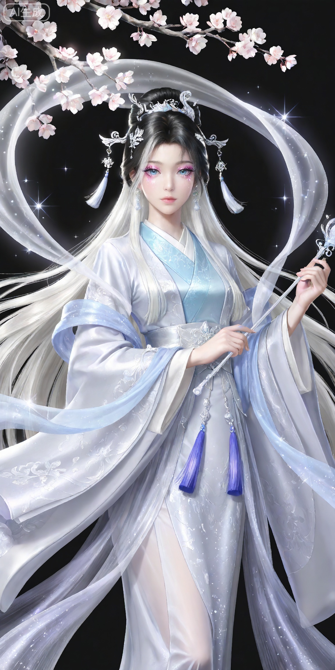 masterpiece,high quality,tall,game cg,highres,(soft light:1.2),white_skin,(shiny_skin:0.6),(realistic:1.1),,songyu,1girl,solo,blue eyes,black hair,long hair,black background,looking at viewer,makeup,eyelashes,realistic,eyeshadow,,hair ornament,lips,closed mouth,mascara,glitter,eye glitter,
lvjing, 1girl, long hair, hair ornament, very long hair, flower, wide sleeves, japanese clothes, sparkle, white hair, long sleeves,  hagoromo, chinese clothes, holding, solo, tassel, branch, shawl, 9