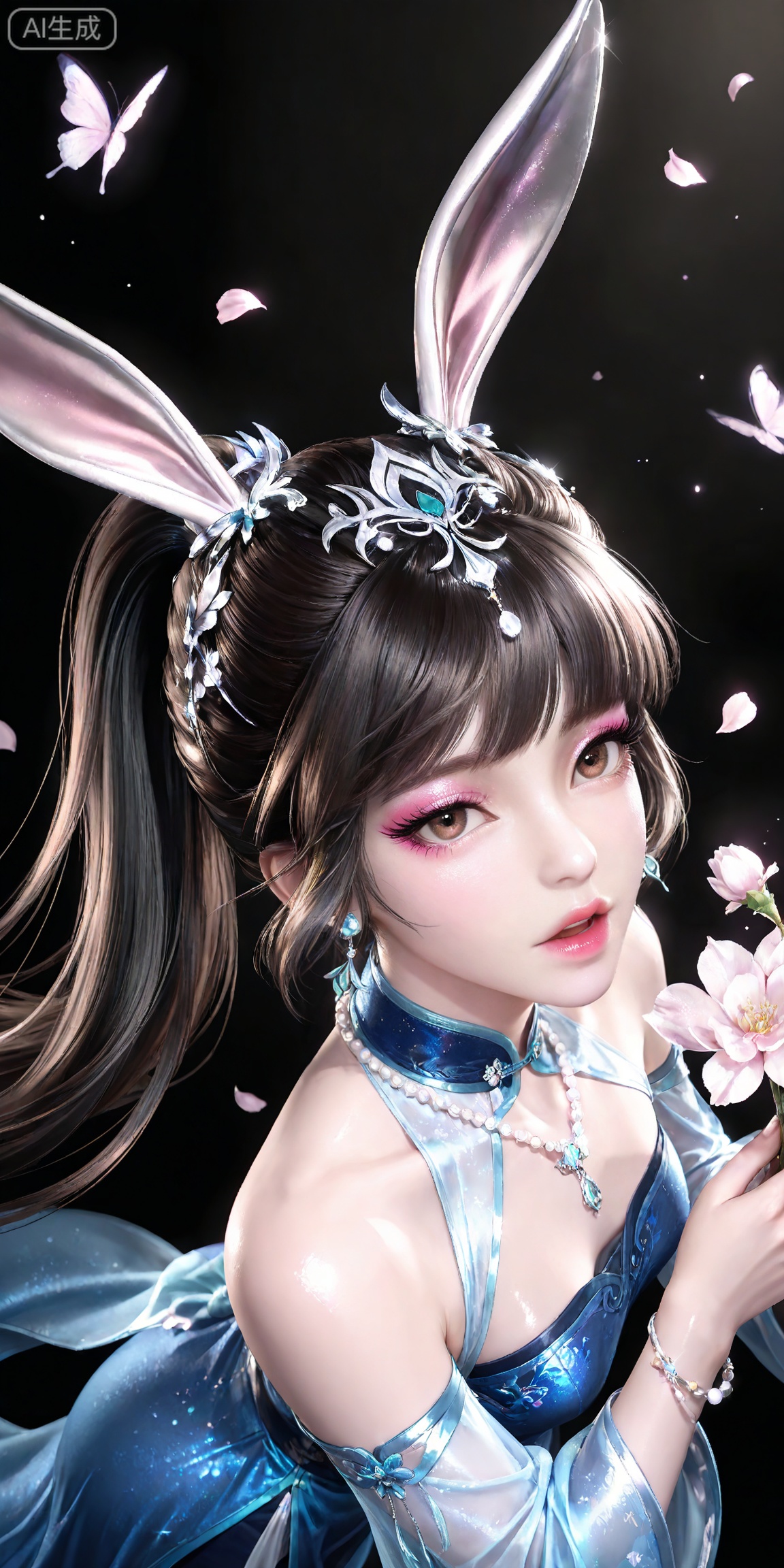,,masterpiece,high quality,tall,game cg,highres,(soft light:1.2),white_skin,(shiny_skin:0.6),(realistic:1.1),,
xiaowu,1girl,animal ears,solo,rabbit ears,brown hair,hair ornament,long hair,closed mouth,ponytail,realistic,brown eyes,black hair,bare shoulders,black_background,makeup,eyeshadow,false eyelashes,longeyelashes,(shiny eyeshadow:1.2),looking_at_viewer,pink eyeshadow,mascara,glitter,

lvjing, 1girl, jewelry, hair ornament, solo, flower, black hair, dress, bracelet, open mouth, necklace, holding, blue dress, long sleeves, looking at viewer, looking up, butterfly, earrings, petals, chinese clothes, bug, hair flower, beads, 62