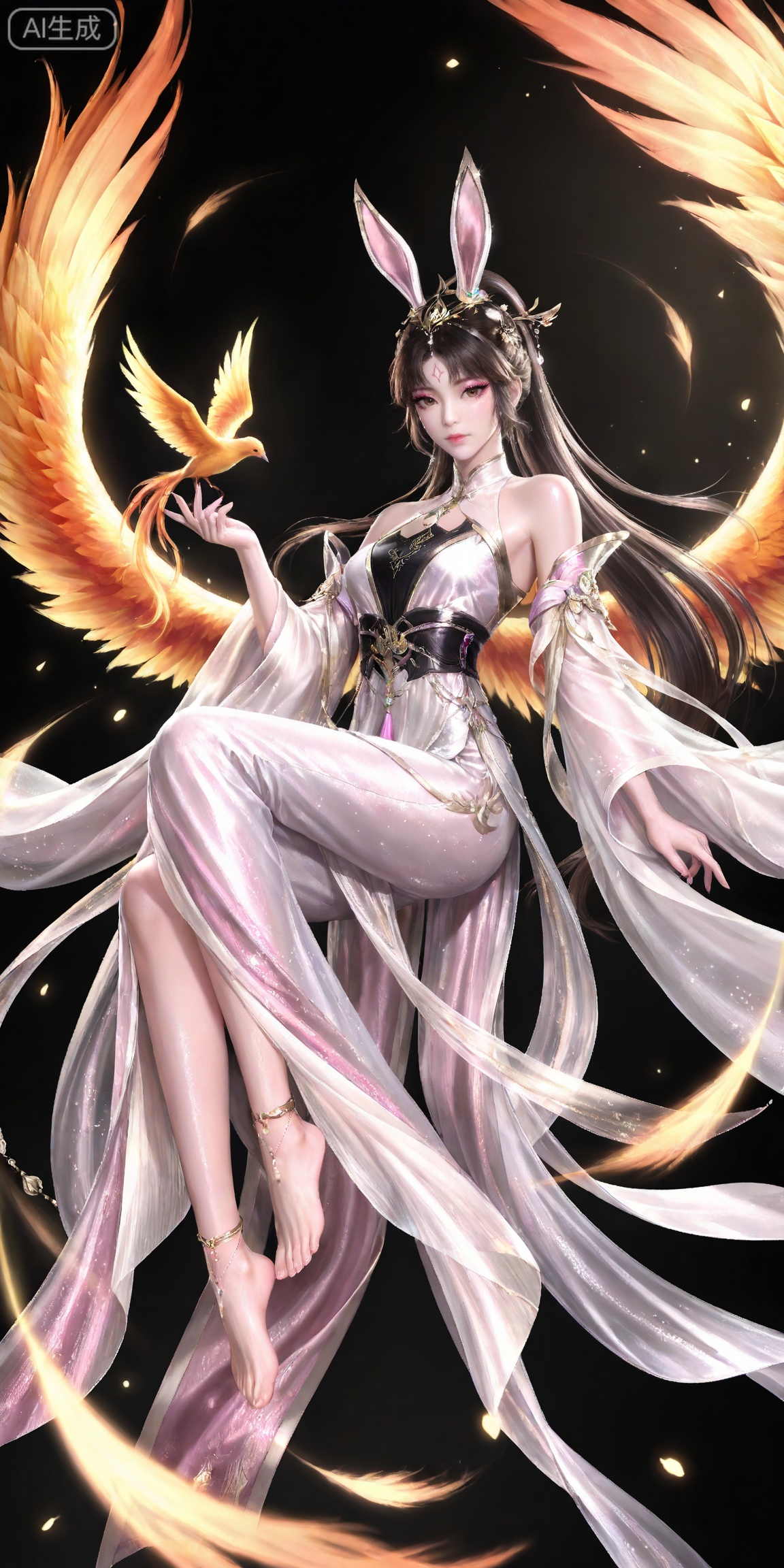 ,,masterpiece,high quality,tall,game cg,highres,(soft light:1.2),white_skin,(shiny_skin:0.6),(realistic:1.1),,
xiaowu,1girl,animal ears,solo,rabbit ears,brown hair,hair ornament,long hair,closed mouth,ponytail,realistic,brown eyes,black hair,bare shoulders,black_background,makeup,eyeshadow,false eyelashes,longeyelashes,(shiny eyeshadow:1.2),looking_at_viewer,pink eyeshadow,mascara,glitter,

lvjing, 1girl, phoenix, bird, long hair,  dress, jewelry, solo, hair ornament, forehead mark, anklet, barefoot, facial mark, chinese clothes, full body, floating, 5