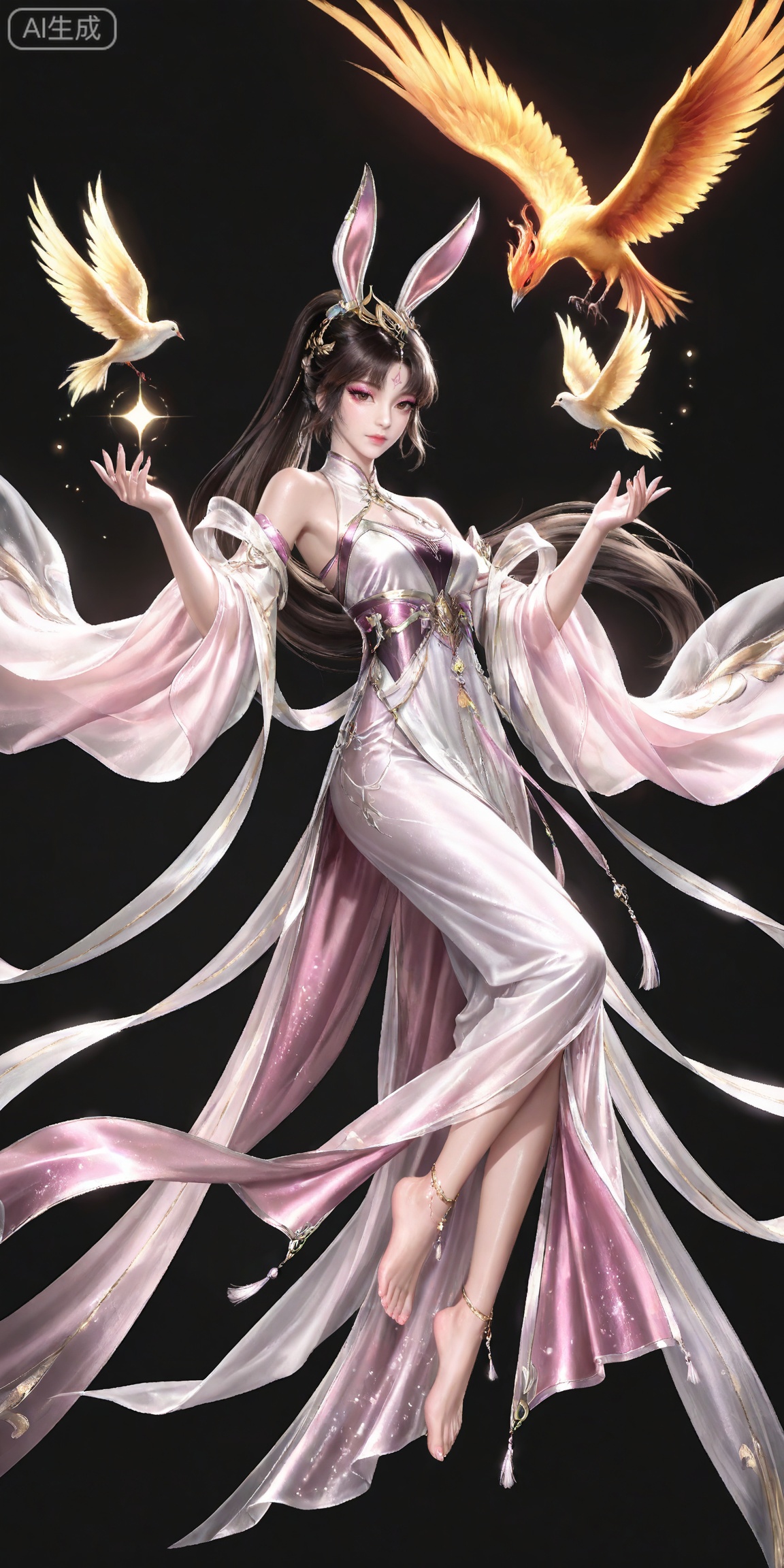 ,,masterpiece,high quality,tall,game cg,highres,(soft light:1.2),white_skin,(shiny_skin:0.6),(realistic:1.1),,
xiaowu,1girl,animal ears,solo,rabbit ears,brown hair,hair ornament,long hair,closed mouth,ponytail,realistic,brown eyes,black hair,bare shoulders,black_background,makeup,eyeshadow,false eyelashes,longeyelashes,(shiny eyeshadow:1.2),looking_at_viewer,pink eyeshadow,mascara,glitter,

lvjing, 1girl, phoenix, bird, long hair,  dress, jewelry, solo, hair ornament, forehead mark, anklet, barefoot, facial mark, chinese clothes, full body, floating, 5