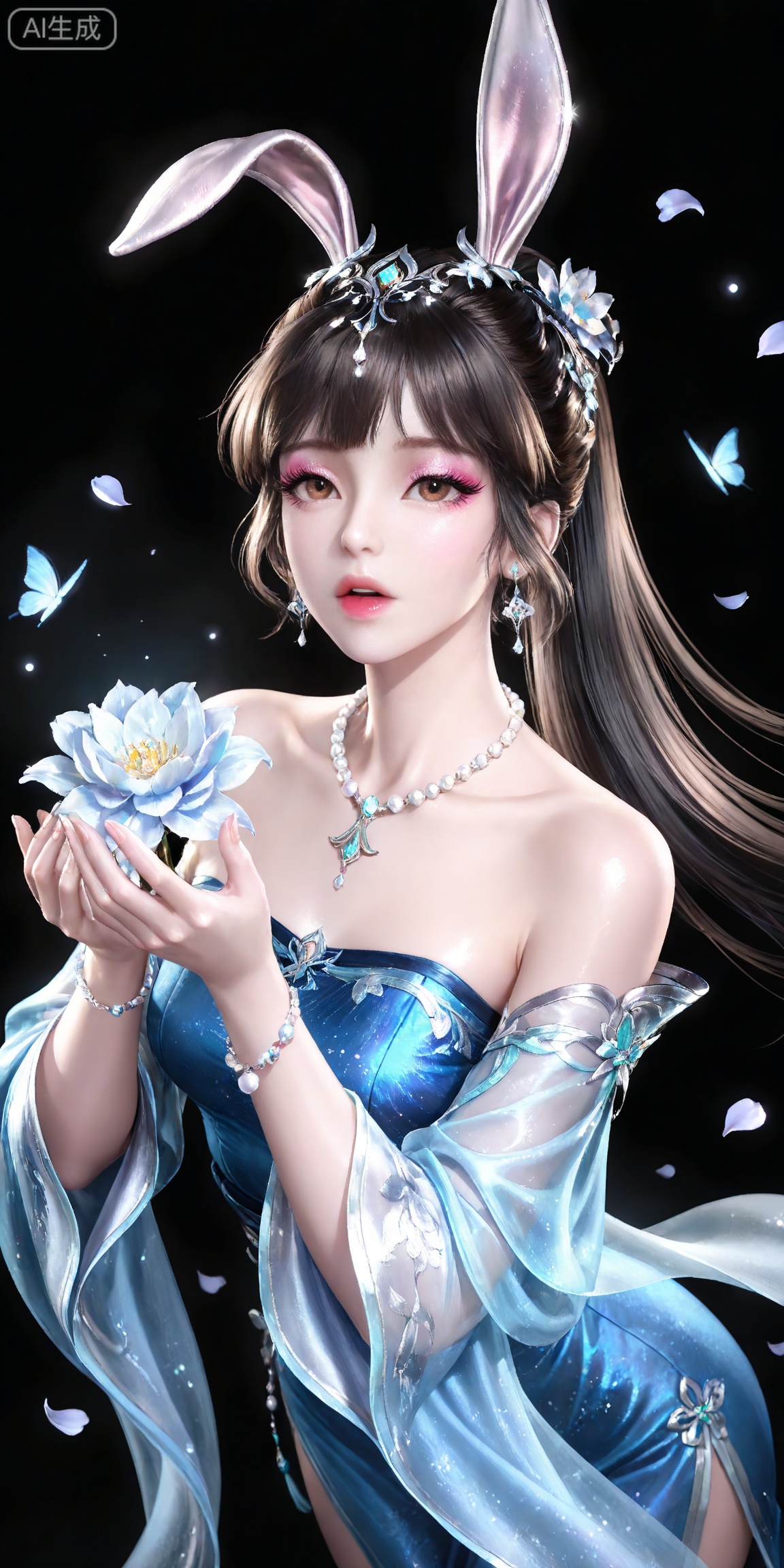 ,,masterpiece,high quality,tall,game cg,highres,(soft light:1.2),white_skin,(shiny_skin:0.6),(realistic:1.1),,
xiaowu,1girl,animal ears,solo,rabbit ears,brown hair,hair ornament,long hair,closed mouth,ponytail,realistic,brown eyes,black hair,bare shoulders,black_background,makeup,eyeshadow,false eyelashes,longeyelashes,(shiny eyeshadow:1.2),looking_at_viewer,pink eyeshadow,mascara,glitter,

lvjing, 1girl, jewelry, hair ornament, solo, flower, black hair, dress, bracelet, open mouth, necklace, holding, blue dress, long sleeves, looking at viewer, looking up, butterfly, earrings, petals, chinese clothes, bug, hair flower, beads, 62