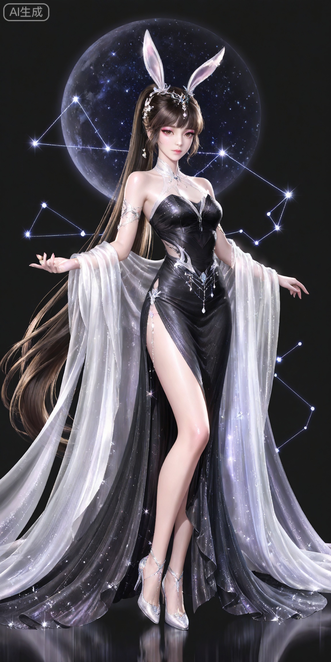 ,,masterpiece,high quality,tall,game cg,highres,(soft light:1.2),white_skin,(shiny_skin:0.6),(realistic:1.1),,
xiaowu,1girl,animal ears,solo,rabbit ears,brown hair,hair ornament,long hair,closed mouth,ponytail,realistic,brown eyes,black hair,bare shoulders,black_background,makeup,eyeshadow,false eyelashes,longeyelashes,(shiny eyeshadow:1.2),looking_at_viewer,pink eyeshadow,mascara,glitter,

lvjing, 1girl, long hair, solo, dress, very long hair, hair ornament, full body, jewelry, black dress, bare shoulders, star \(sky\), standing, constellation, side slit, high heels, 40