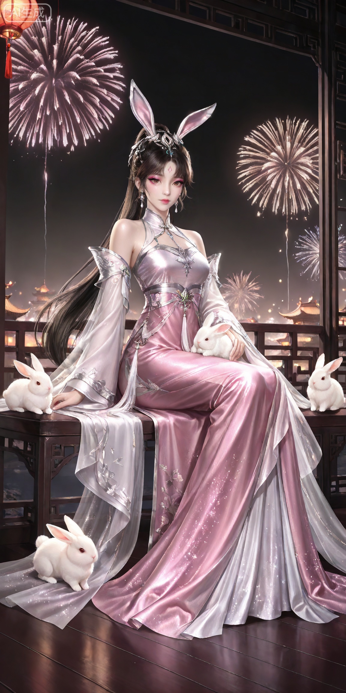 ,,masterpiece,high quality,tall,game cg,highres,(soft light:1.2),white_skin,(shiny_skin:0.6),(realistic:1.1),,
xiaowu,1girl,animal ears,solo,rabbit ears,brown hair,hair ornament,long hair,closed mouth,ponytail,realistic,brown eyes,black hair,bare shoulders,black_background,makeup,eyeshadow,false eyelashes,longeyelashes,(shiny eyeshadow:1.2),looking_at_viewer,pink eyeshadow,mascara,glitter,

lvjing, 1girl, fireworks, dress, chinese clothes, long hair, hair ornament, forehead mark, sitting, black hair, jewelry, facial mark, night, rabbit, full body, long sleeves, earrings, 43
