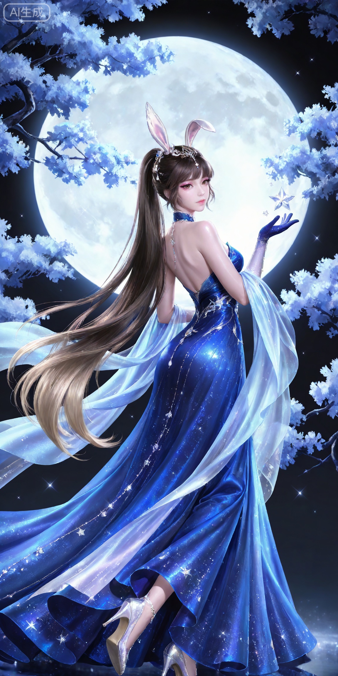 ,,masterpiece,high quality,tall,game cg,highres,(soft light:1.2),white_skin,(shiny_skin:0.6),(realistic:1.1),,
xiaowu,1girl,animal ears,solo,rabbit ears,brown hair,hair ornament,long hair,closed mouth,ponytail,realistic,brown eyes,black hair,bare shoulders,black_background,makeup,eyeshadow,false eyelashes,longeyelashes,(shiny eyeshadow:1.2),looking_at_viewer,pink eyeshadow,mascara,glitter,

lvjing, 1girl, long hair, dress, blonde hair, blue dress, solo, tree, blue theme, moon, star \(symbol\), flower, night, very long hair, high heels, gloves, 27