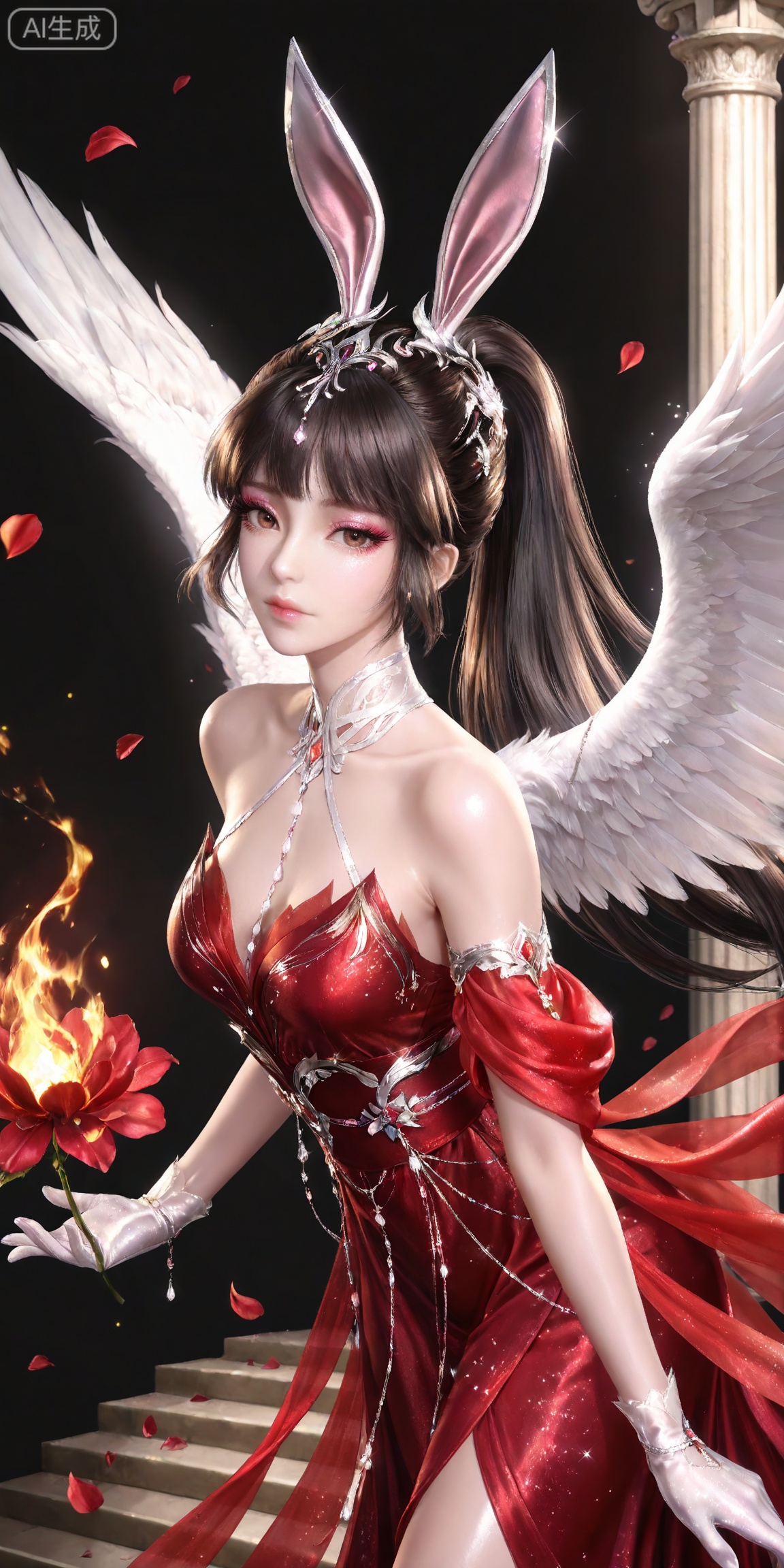 ,,masterpiece,high quality,tall,game cg,highres,(soft light:1.2),white_skin,(shiny_skin:0.6),(realistic:1.1),,
xiaowu,1girl,animal ears,solo,rabbit ears,brown hair,hair ornament,long hair,closed mouth,ponytail,realistic,brown eyes,black hair,bare shoulders,black_background,makeup,eyeshadow,false eyelashes,longeyelashes,(shiny eyeshadow:1.2),looking_at_viewer,pink eyeshadow,mascara,glitter,

lvjing, red dress, 1girl, dress, long hair, wings, flower, stairs, hair ornament, angel wings, fire, gloves, bare shoulders, feathered wings, pillar, red flower, petals, jewelry, floating, 20