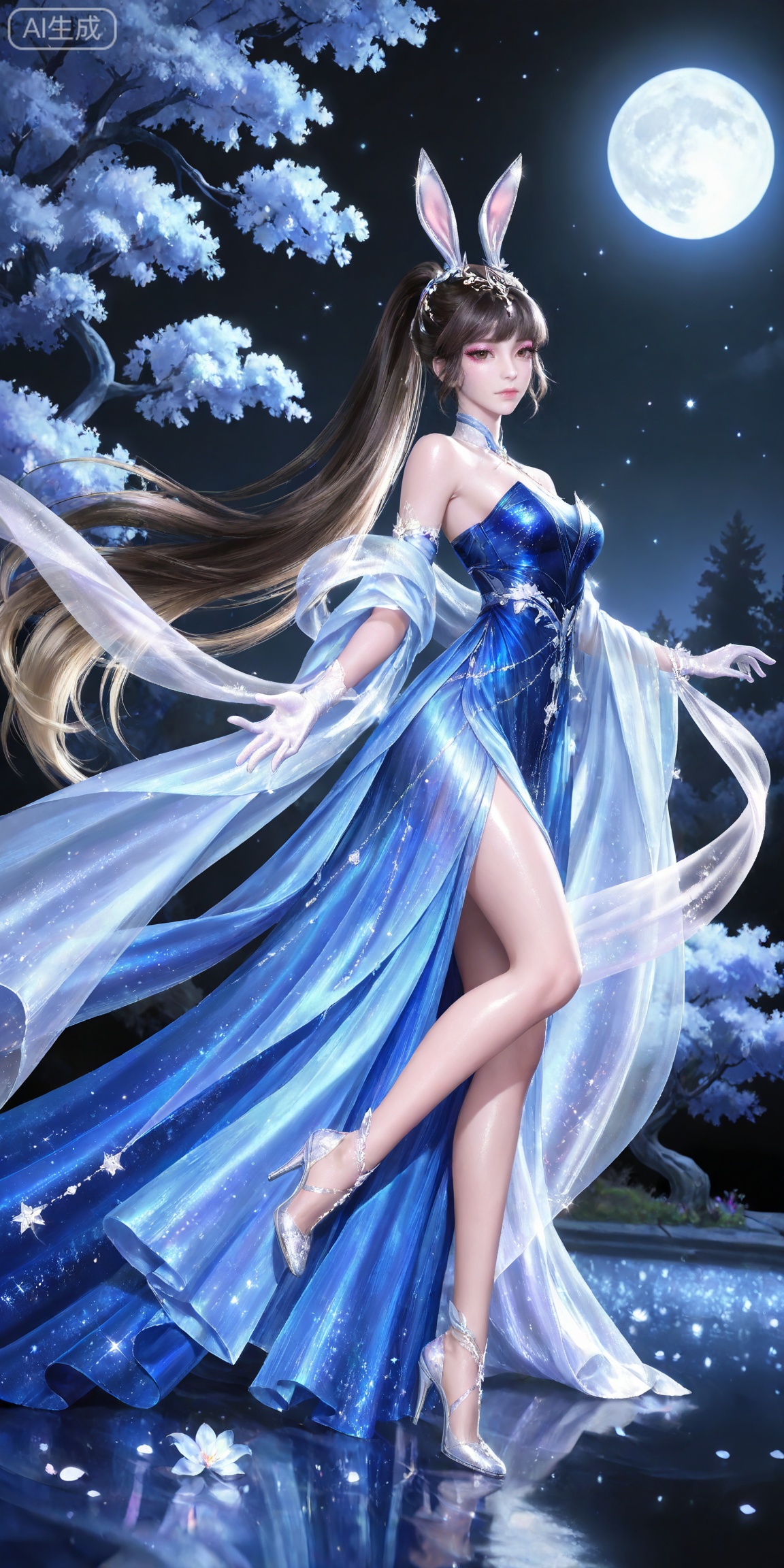 ,,masterpiece,high quality,tall,game cg,highres,(soft light:1.2),white_skin,(shiny_skin:0.6),(realistic:1.1),,
xiaowu,1girl,animal ears,solo,rabbit ears,brown hair,hair ornament,long hair,closed mouth,ponytail,realistic,brown eyes,black hair,bare shoulders,black_background,makeup,eyeshadow,false eyelashes,longeyelashes,(shiny eyeshadow:1.2),looking_at_viewer,pink eyeshadow,mascara,glitter,

lvjing, 1girl, long hair, dress, blonde hair, blue dress, solo, tree, blue theme, moon, star \(symbol\), flower, night, very long hair, high heels, gloves, 27