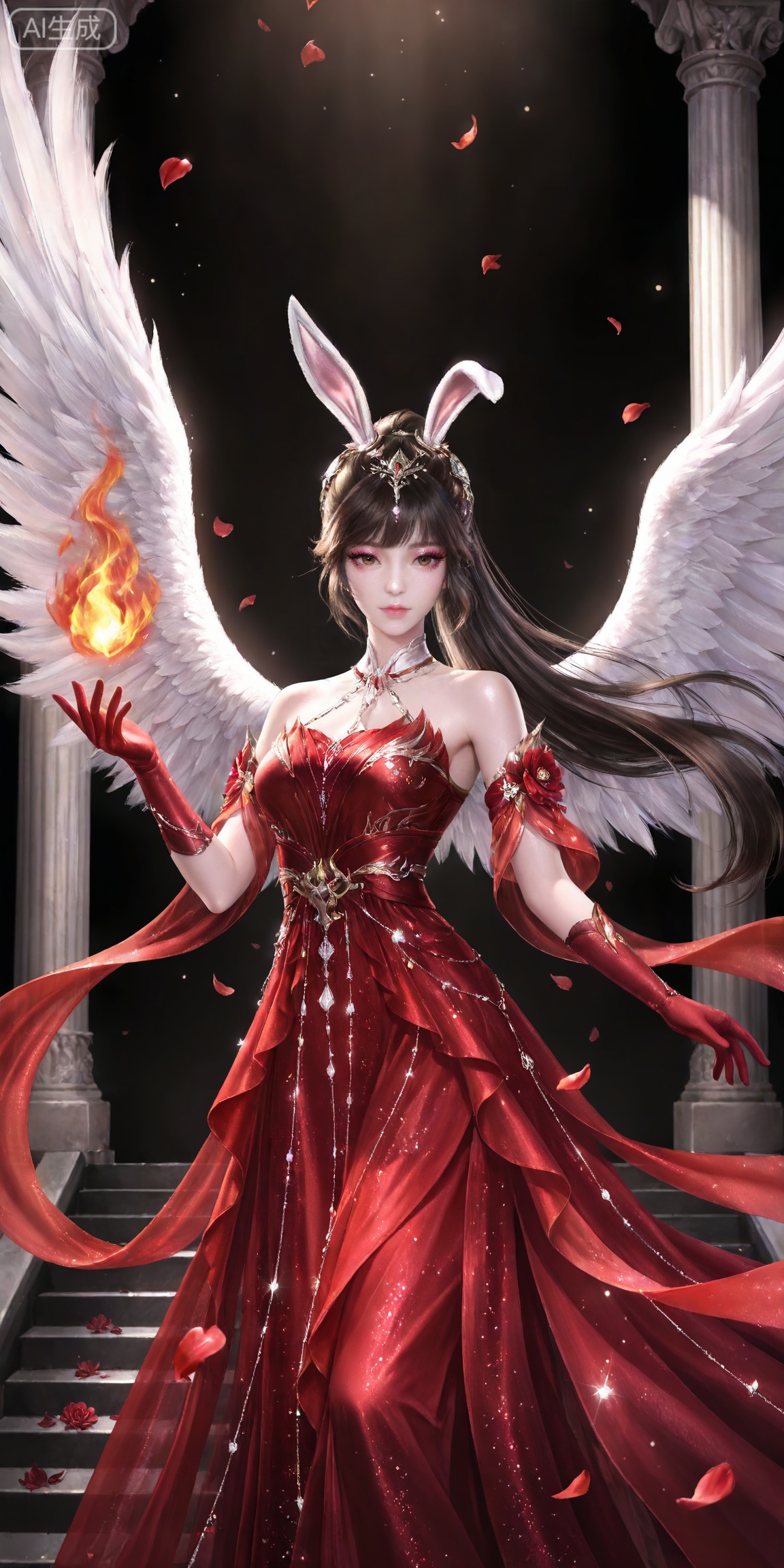 ,,masterpiece,high quality,tall,game cg,highres,(soft light:1.2),white_skin,(shiny_skin:0.6),(realistic:1.1),,
xiaowu,1girl,animal ears,solo,rabbit ears,brown hair,hair ornament,long hair,closed mouth,ponytail,realistic,brown eyes,black hair,bare shoulders,black_background,makeup,eyeshadow,false eyelashes,longeyelashes,(shiny eyeshadow:1.2),looking_at_viewer,pink eyeshadow,mascara,glitter,

lvjing, red dress, 1girl, dress, long hair, wings, flower, stairs, hair ornament, angel wings, fire, gloves, bare shoulders, feathered wings, pillar, red flower, petals, jewelry, floating, 20