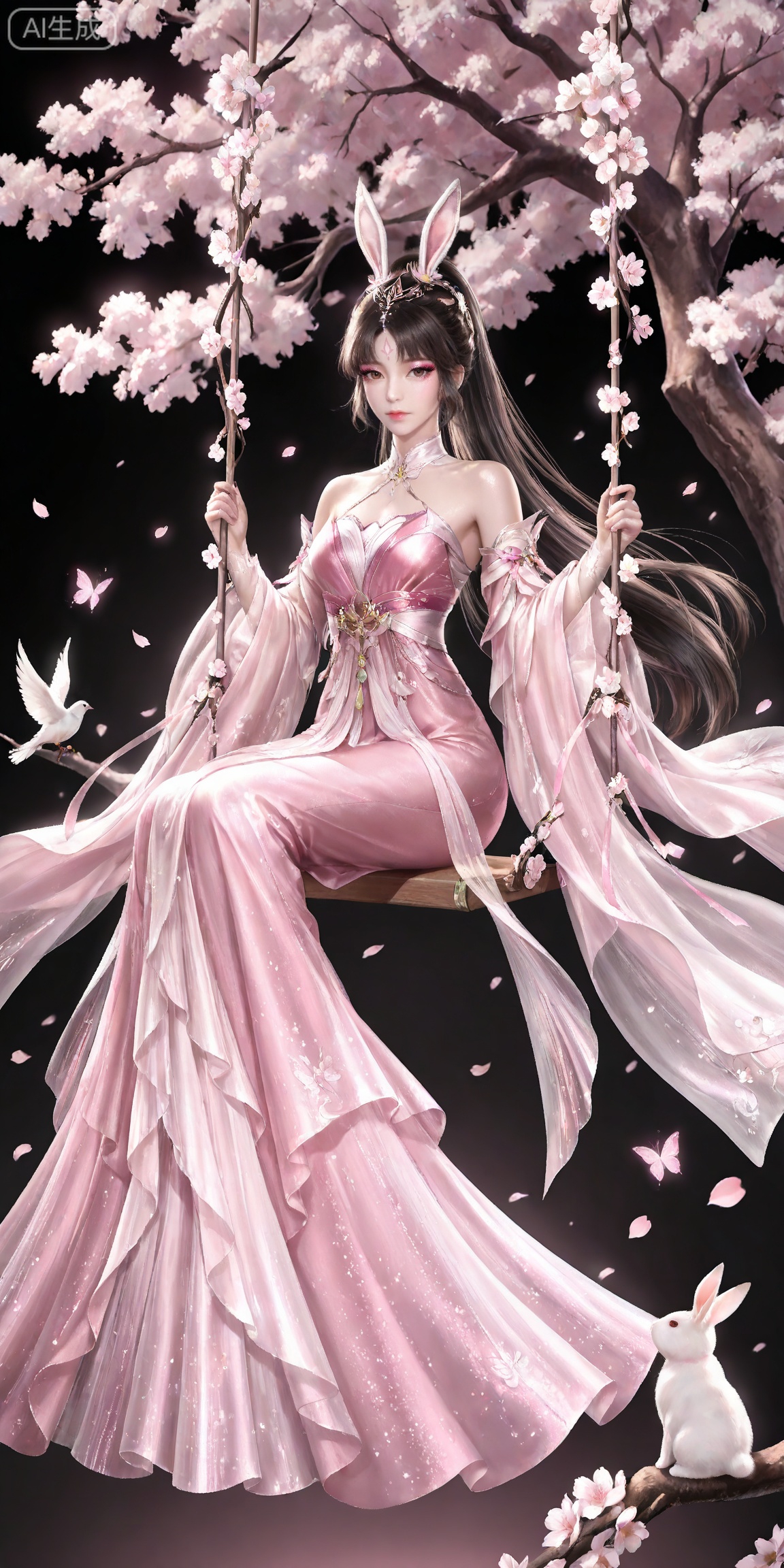 ,,masterpiece,high quality,tall,game cg,highres,(soft light:1.2),white_skin,(shiny_skin:0.6),(realistic:1.1),,
xiaowu,1girl,animal ears,solo,rabbit ears,brown hair,hair ornament,long hair,closed mouth,ponytail,realistic,brown eyes,black hair,bare shoulders,black_background,makeup,eyeshadow,false eyelashes,longeyelashes,(shiny eyeshadow:1.2),looking_at_viewer,pink eyeshadow,mascara,glitter,

lvjing, 1girl, long hair, dress, rabbit, flower, sitting, pink dress, hair ornament, swing, black hair, cherry blossoms, solo, pink flower, falling petals, petals, branch, tree, bird, forehead mark, holding, butterfly, full body, 18
