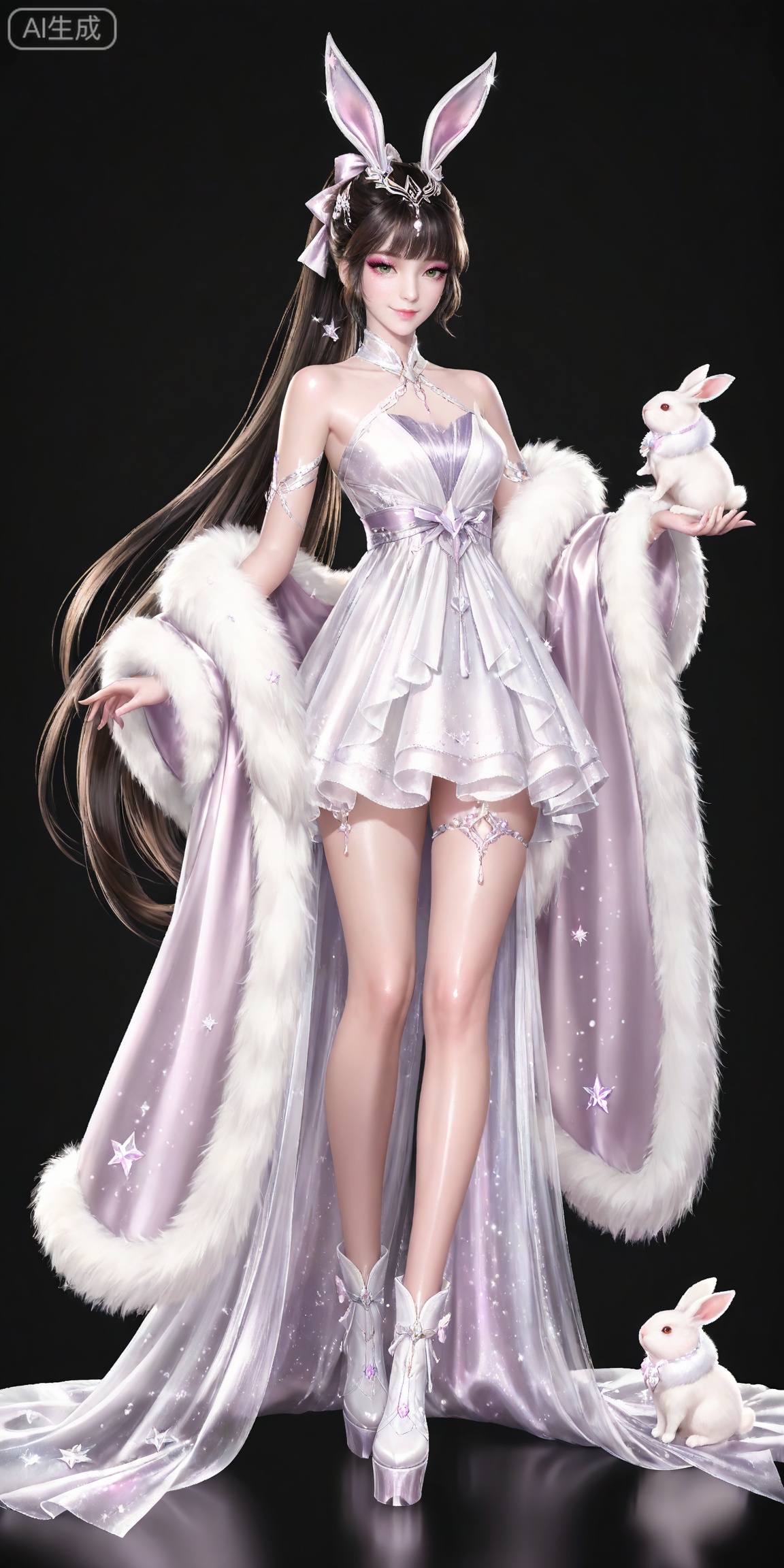 ,,masterpiece,high quality,tall,game cg,highres,(soft light:1.2),white_skin,(shiny_skin:0.6),(realistic:1.1),,
xiaowu,1girl,animal ears,solo,rabbit ears,brown hair,hair ornament,long hair,closed mouth,ponytail,realistic,brown eyes,black hair,bare shoulders,black_background,makeup,eyeshadow,false eyelashes,longeyelashes,(shiny eyeshadow:1.2),looking_at_viewer,pink eyeshadow,mascara,glitter,

lvjing, 1girl, dress, long hair, white dress, solo, white footwear, bow, full body, looking at viewer, star \(symbol\),  hair ornament, platform footwear, boots, rabbit, animal ears, smile, very long hair, fur trim, jewelry, green eyes, standing, hair bow, 38