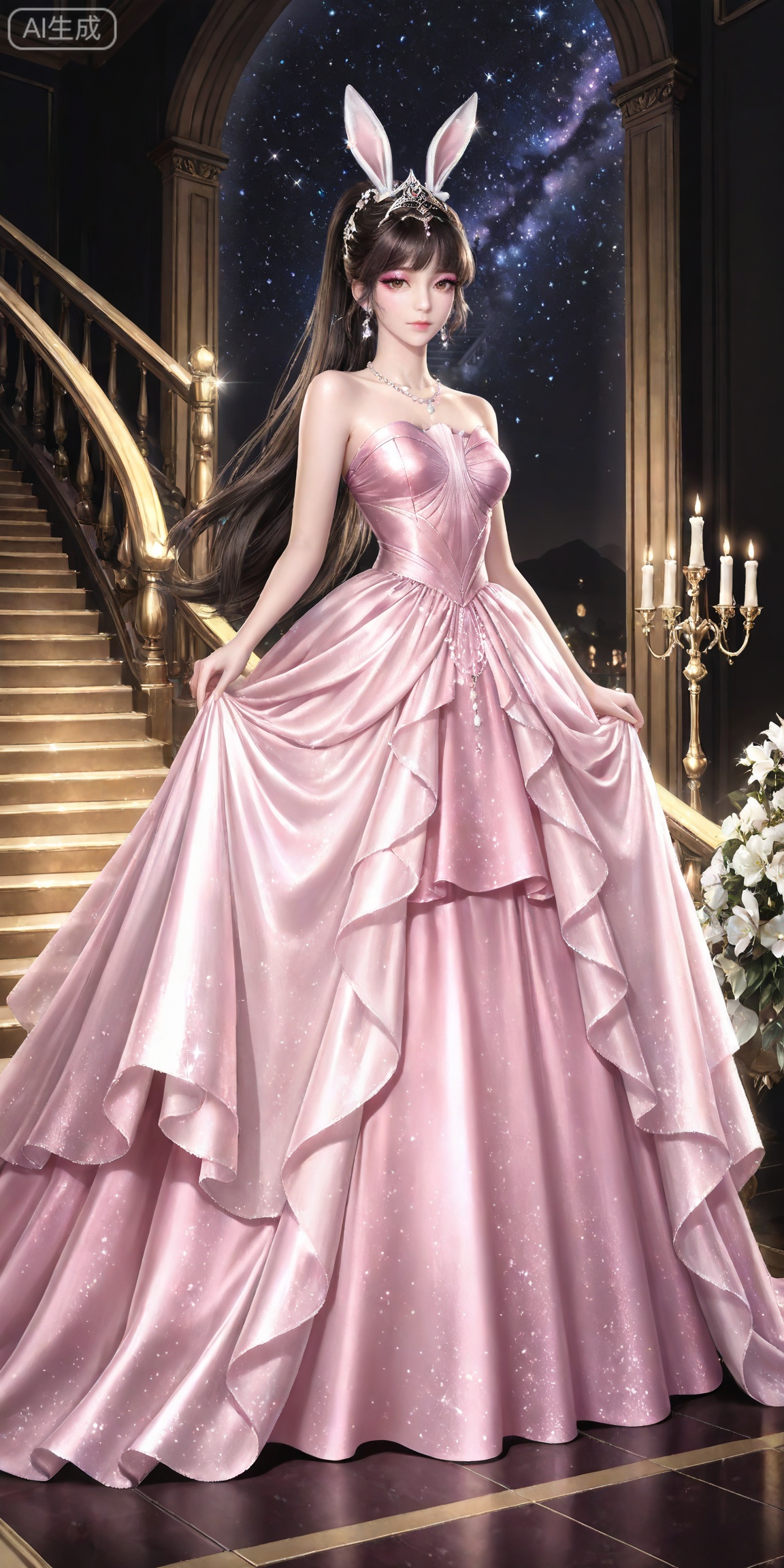 ,,masterpiece,high quality,tall,game cg,highres,(soft light:1.2),white_skin,(shiny_skin:0.6),(realistic:1.1),,
xiaowu,1girl,animal ears,solo,rabbit ears,brown hair,hair ornament,long hair,closed mouth,ponytail,realistic,brown eyes,black hair,bare shoulders,black_background,makeup,eyeshadow,false eyelashes,longeyelashes,(shiny eyeshadow:1.2),looking_at_viewer,pink eyeshadow,mascara,glitter,

lvjing, 1girl, dress, stairs, solo, long hair, black hair, candle, jewelry, pink dress, hair ornament, earrings, star \(sky\), flower, full body, bare shoulders, tiara, gown, looking at viewer, candlestand, strapless, beads, necklace, starry sky, long dress, skirt hold, frills, night, breasts, strapless dress, sparkle, 37