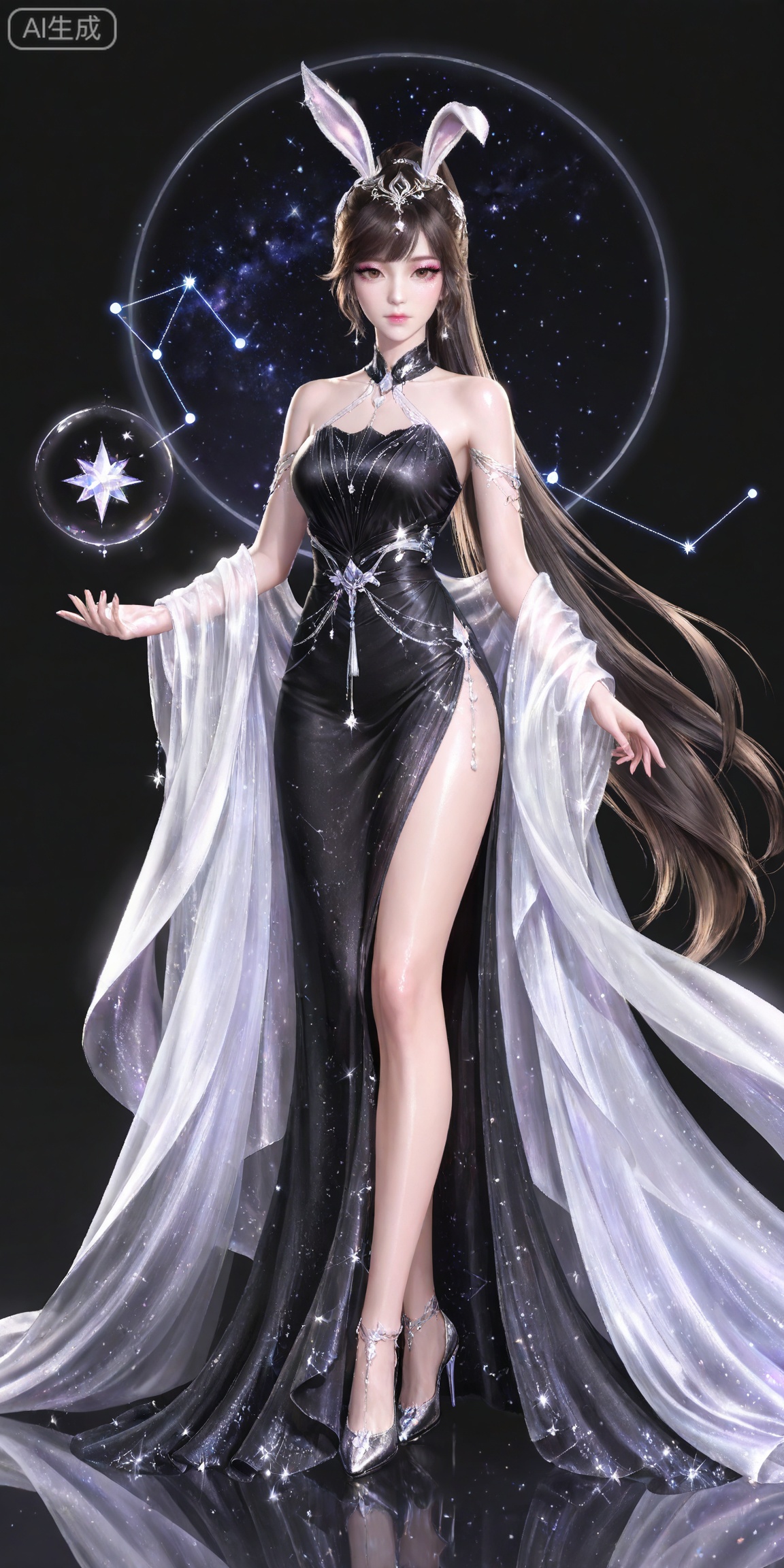 ,,masterpiece,high quality,tall,game cg,highres,(soft light:1.2),white_skin,(shiny_skin:0.6),(realistic:1.1),,
xiaowu,1girl,animal ears,solo,rabbit ears,brown hair,hair ornament,long hair,closed mouth,ponytail,realistic,brown eyes,black hair,bare shoulders,black_background,makeup,eyeshadow,false eyelashes,longeyelashes,(shiny eyeshadow:1.2),looking_at_viewer,pink eyeshadow,mascara,glitter,

lvjing, 1girl, long hair, solo, dress, very long hair, hair ornament, full body, jewelry, black dress, bare shoulders, star \(sky\), standing, constellation, side slit, high heels, 40