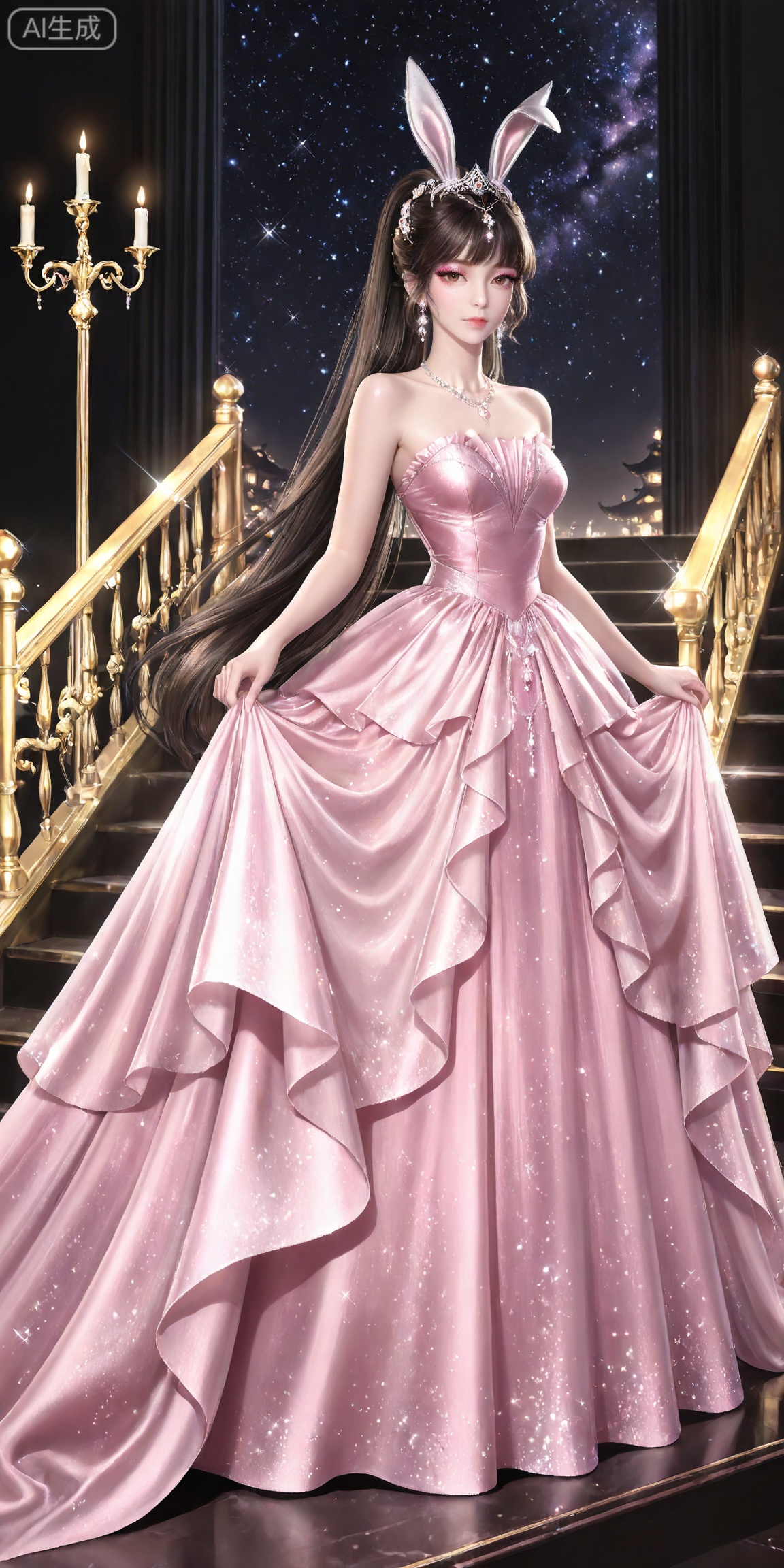 ,,masterpiece,high quality,tall,game cg,highres,(soft light:1.2),white_skin,(shiny_skin:0.6),(realistic:1.1),,
xiaowu,1girl,animal ears,solo,rabbit ears,brown hair,hair ornament,long hair,closed mouth,ponytail,realistic,brown eyes,black hair,bare shoulders,black_background,makeup,eyeshadow,false eyelashes,longeyelashes,(shiny eyeshadow:1.2),looking_at_viewer,pink eyeshadow,mascara,glitter,

lvjing, 1girl, dress, stairs, solo, long hair, black hair, candle, jewelry, pink dress, hair ornament, earrings, star \(sky\), flower, full body, bare shoulders, tiara, gown, looking at viewer, candlestand, strapless, beads, necklace, starry sky, long dress, skirt hold, frills, night, breasts, strapless dress, sparkle, 37