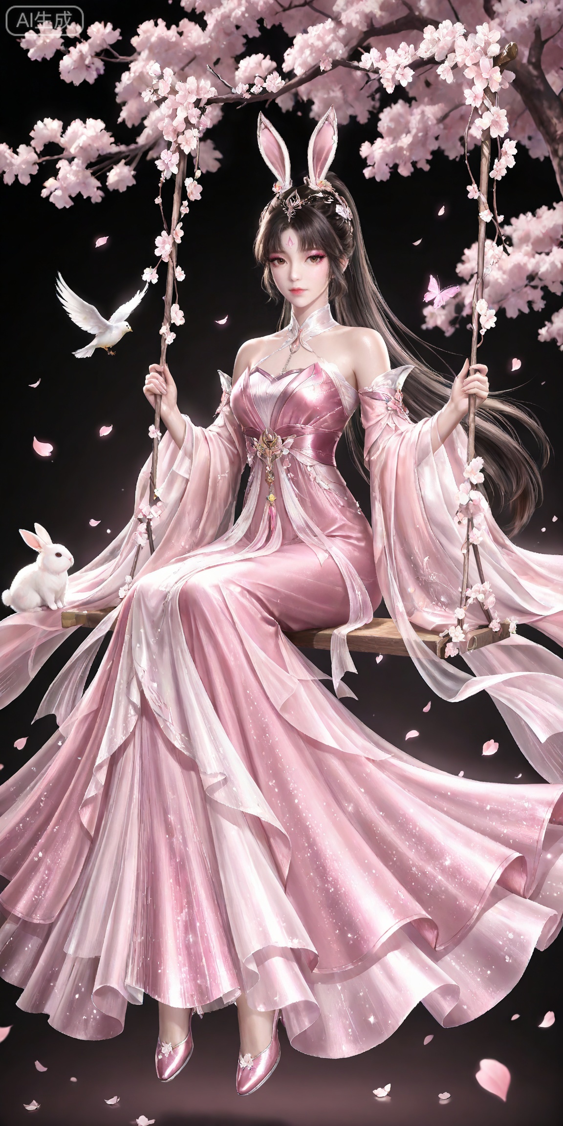 ,,masterpiece,high quality,tall,game cg,highres,(soft light:1.2),white_skin,(shiny_skin:0.6),(realistic:1.1),,
xiaowu,1girl,animal ears,solo,rabbit ears,brown hair,hair ornament,long hair,closed mouth,ponytail,realistic,brown eyes,black hair,bare shoulders,black_background,makeup,eyeshadow,false eyelashes,longeyelashes,(shiny eyeshadow:1.2),looking_at_viewer,pink eyeshadow,mascara,glitter,

lvjing, 1girl, long hair, dress, rabbit, flower, sitting, pink dress, hair ornament, swing, black hair, cherry blossoms, solo, pink flower, falling petals, petals, branch, tree, bird, forehead mark, holding, butterfly, full body, 18