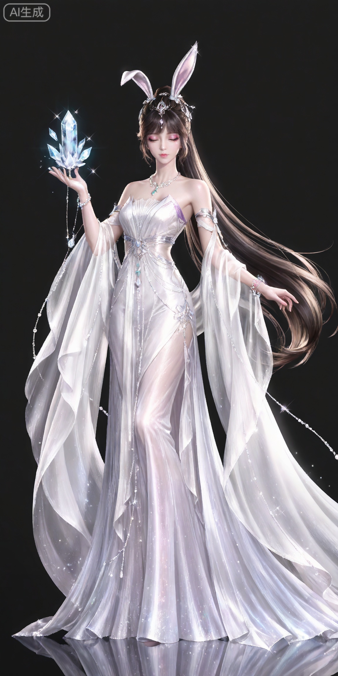 ,,masterpiece,high quality,tall,game cg,highres,(soft light:1.2),white_skin,(shiny_skin:0.6),(realistic:1.1),,
xiaowu,1girl,animal ears,solo,rabbit ears,brown hair,hair ornament,long hair,closed mouth,ponytail,realistic,brown eyes,black hair,bare shoulders,black_background,makeup,eyeshadow,false eyelashes,longeyelashes,(shiny eyeshadow:1.2),looking_at_viewer,pink eyeshadow,mascara,glitter,

lvjing, 1girl, dress, long hair, solo, white dress, full body, jewelry,  hair ornament,  crystal, sparkle, closed eyes, beads, holding, bracelet, very long hair, ice, necklace, bare shoulders, 39