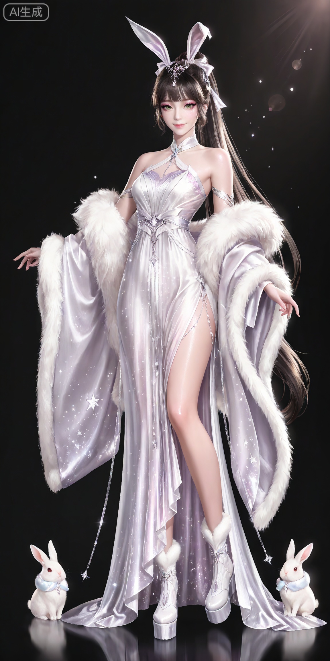,,masterpiece,high quality,tall,game cg,highres,(soft light:1.2),white_skin,(shiny_skin:0.6),(realistic:1.1),,
xiaowu,1girl,animal ears,solo,rabbit ears,brown hair,hair ornament,long hair,closed mouth,ponytail,realistic,brown eyes,black hair,bare shoulders,black_background,makeup,eyeshadow,false eyelashes,longeyelashes,(shiny eyeshadow:1.2),looking_at_viewer,pink eyeshadow,mascara,glitter,

lvjing, 1girl, dress, long hair, white dress, solo, white footwear, bow, full body, looking at viewer, star \(symbol\),  hair ornament, platform footwear, boots, rabbit, animal ears, smile, very long hair, fur trim, jewelry, green eyes, standing, hair bow, 38