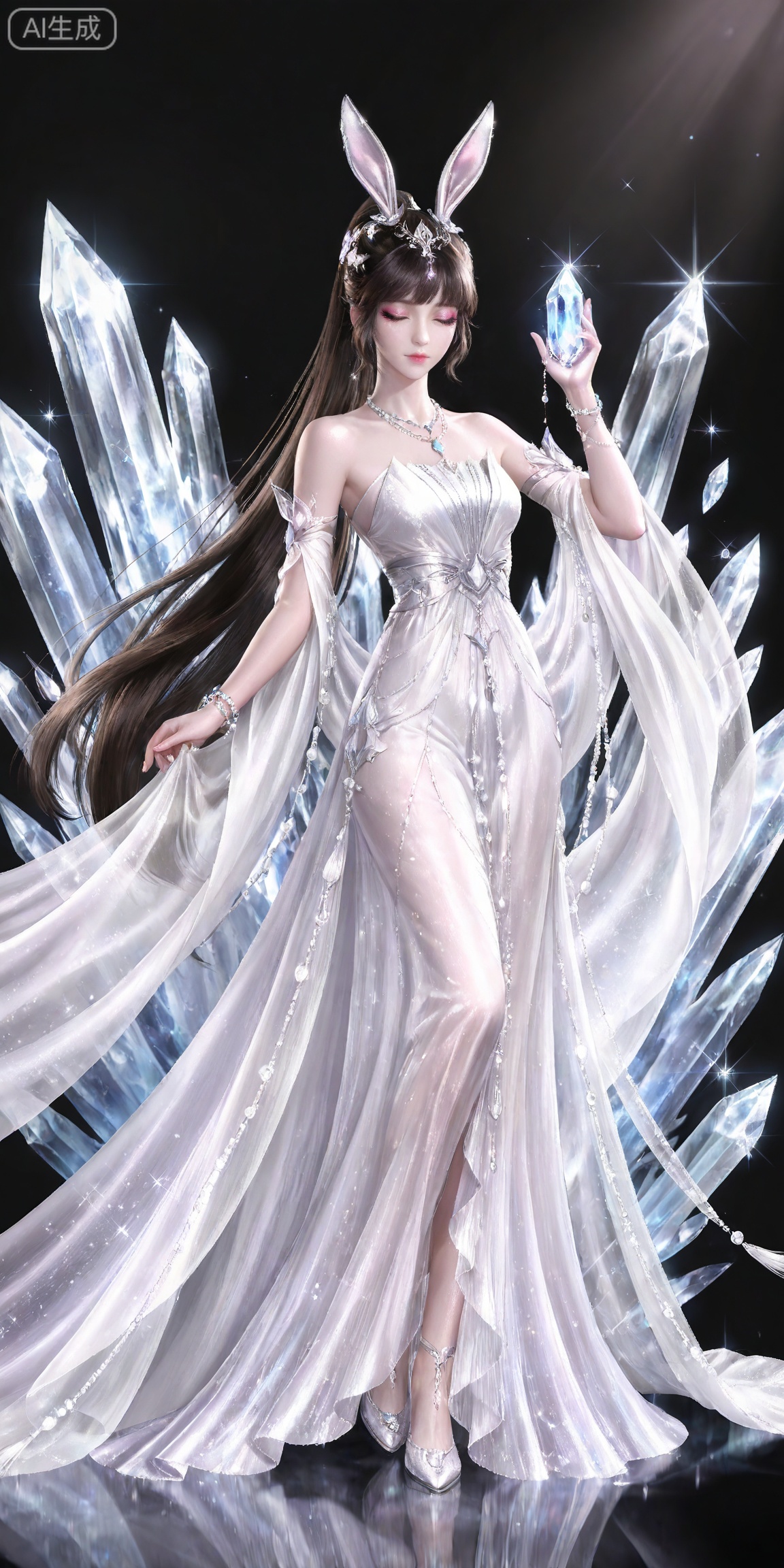 ,,masterpiece,high quality,tall,game cg,highres,(soft light:1.2),white_skin,(shiny_skin:0.6),(realistic:1.1),,
xiaowu,1girl,animal ears,solo,rabbit ears,brown hair,hair ornament,long hair,closed mouth,ponytail,realistic,brown eyes,black hair,bare shoulders,black_background,makeup,eyeshadow,false eyelashes,longeyelashes,(shiny eyeshadow:1.2),looking_at_viewer,pink eyeshadow,mascara,glitter,

lvjing, 1girl, dress, long hair, solo, white dress, full body, jewelry,  hair ornament,  crystal, sparkle, closed eyes, beads, holding, bracelet, very long hair, ice, necklace, bare shoulders, 39
