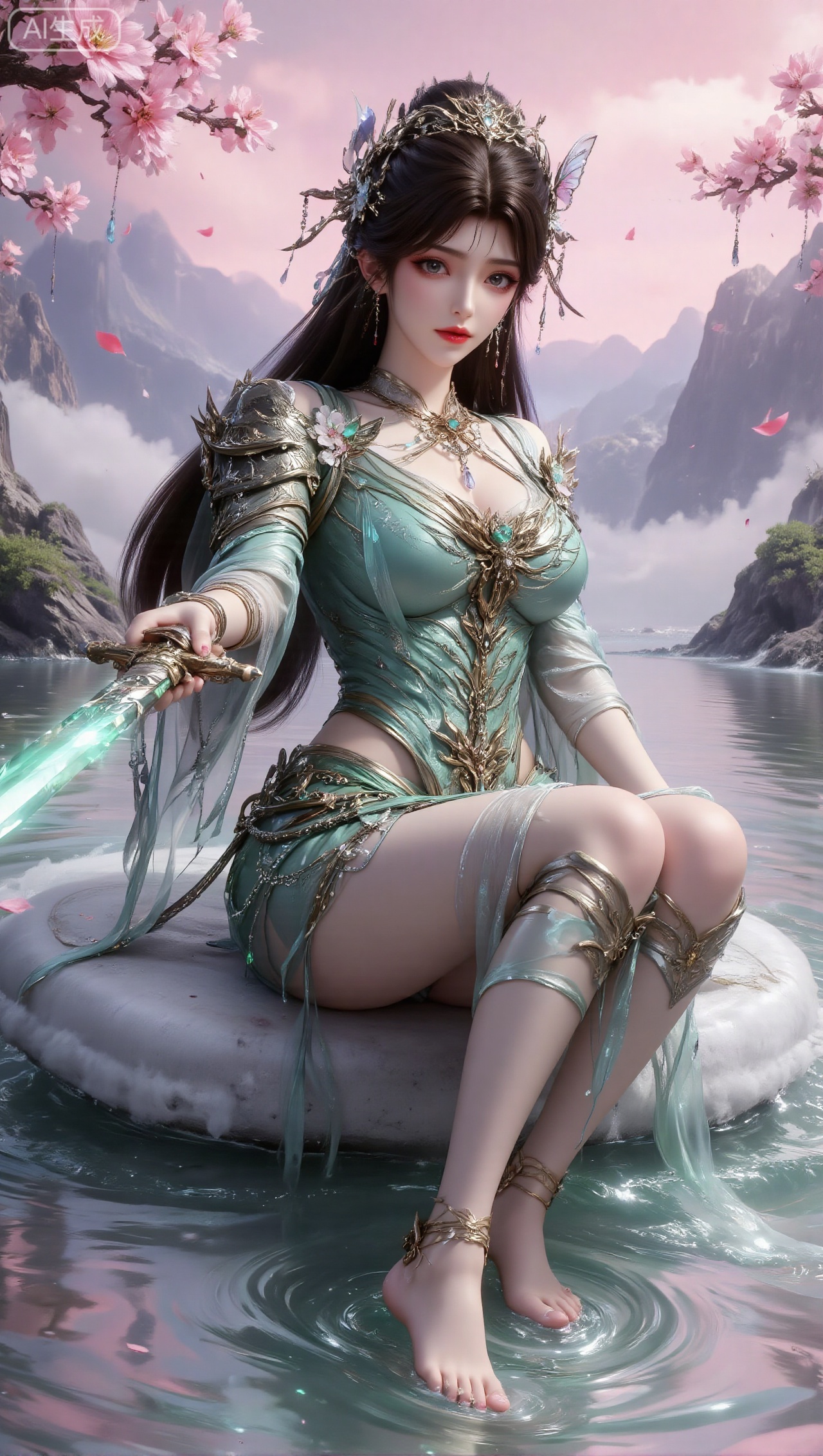 Panoramic image, a woman, dressed in a gorgeous green dress inlaid with gold and pearls, decorated with exquisite floral patterns, wearing an exquisite headdress inlaid with gems, butterfly elements and tassels, with long black flowing hair, holding an emerald green sword pointing forward. The woman is sitting on the clouds on the water, with her feet immersed in the water. There are pink cherry blossom trees around, with cherry blossom petals falling. In the background are mountains and a pink-purple sky, with ripples on the water.