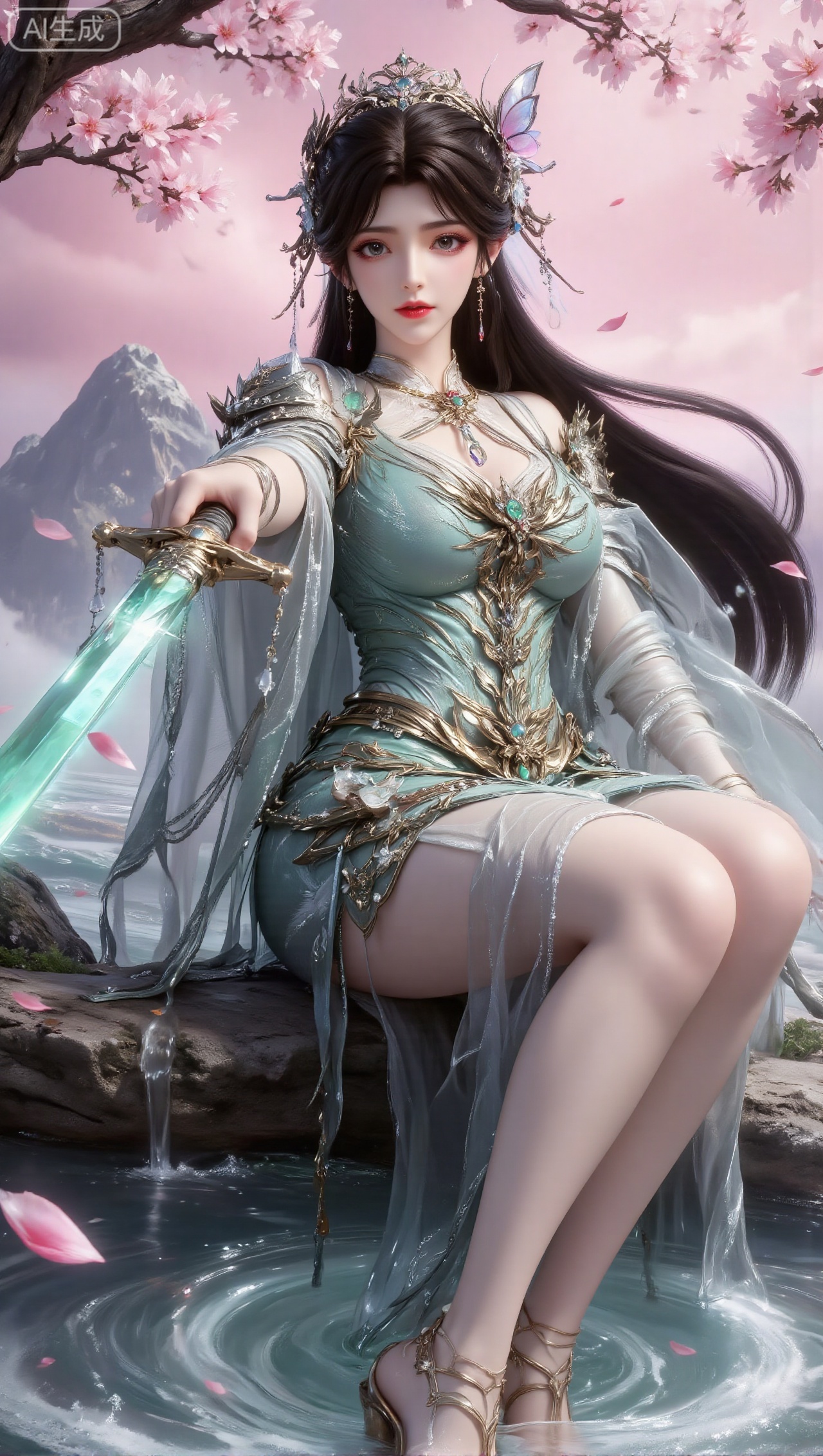 Panoramic image, a woman, dressed in a gorgeous green dress inlaid with gold and pearls, decorated with exquisite floral patterns, wearing an exquisite headdress inlaid with gems, butterfly elements and tassels, with long black flowing hair, holding an emerald green sword pointing forward. The woman is sitting on the clouds on the water, with her feet immersed in the water. There are pink cherry blossom trees around, with cherry blossom petals falling. In the background are mountains and a pink-purple sky, with ripples on the water.