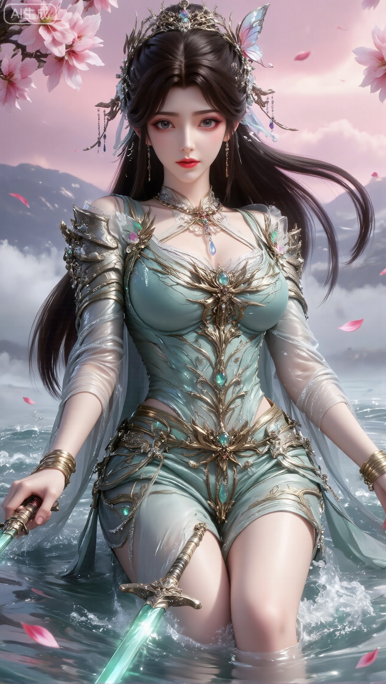 Panoramic image, a woman, dressed in a gorgeous green dress inlaid with gold and pearls, decorated with exquisite floral patterns, wearing an exquisite headdress inlaid with gems, butterfly elements and tassels, with long black flowing hair, holding an emerald green sword pointing forward. The woman is sitting on the clouds on the water, with her feet immersed in the water. There are pink cherry blossom trees around, with cherry blossom petals falling. In the background are mountains and a pink-purple sky, with ripples on the water.